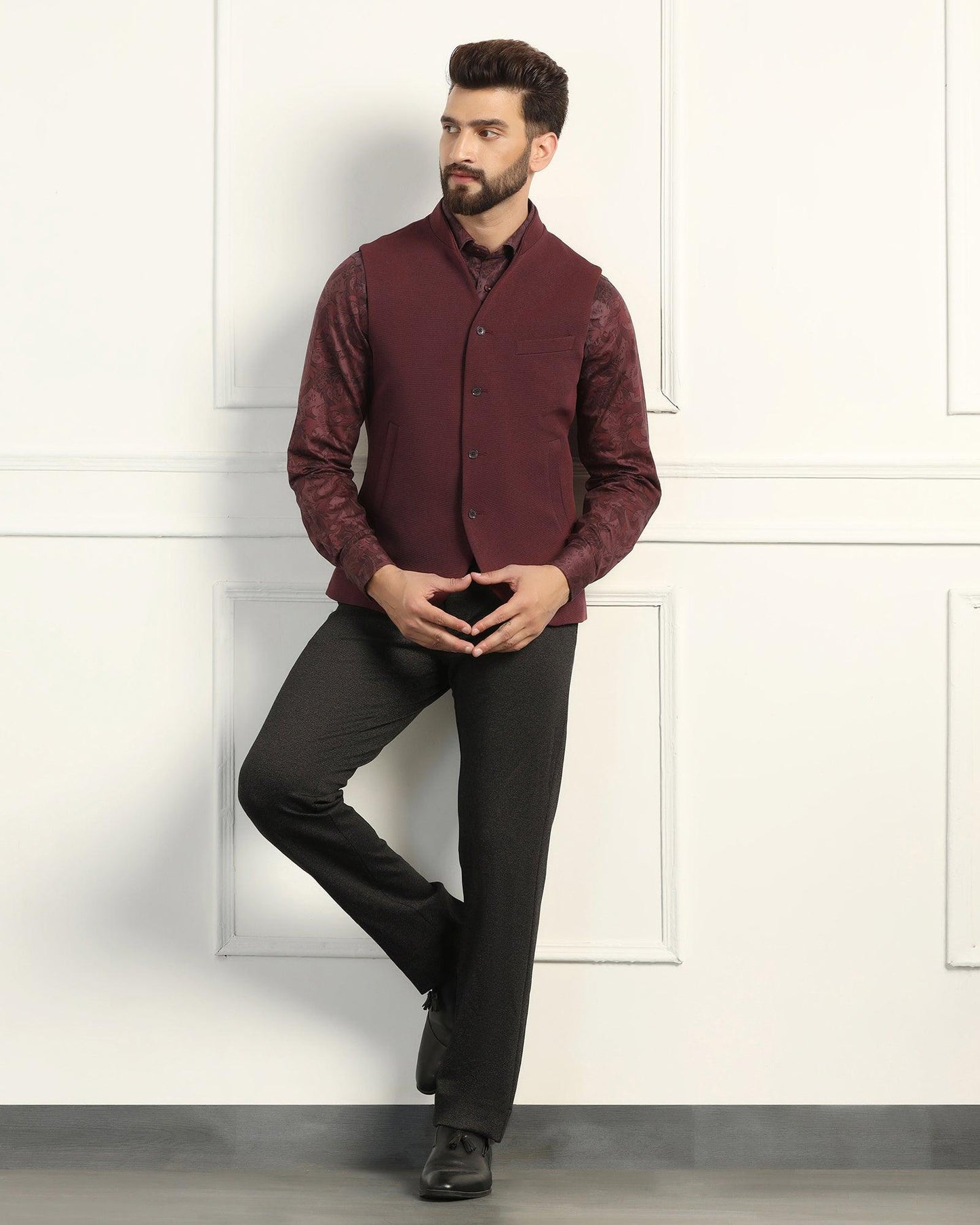 Bandhgala Formal Maroon Textured Waistcoat - Sail