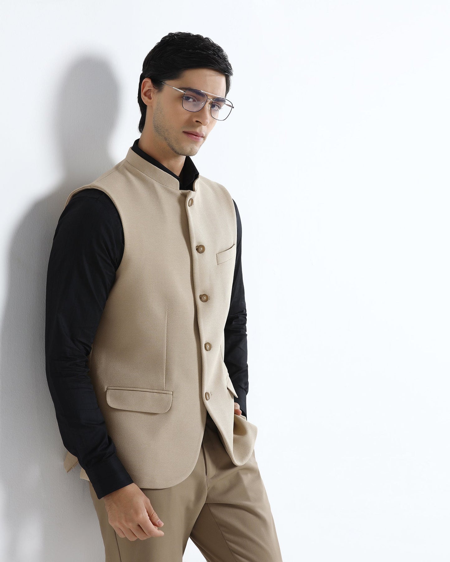 Beige Bandhgala Textured Waistcoat - Levon