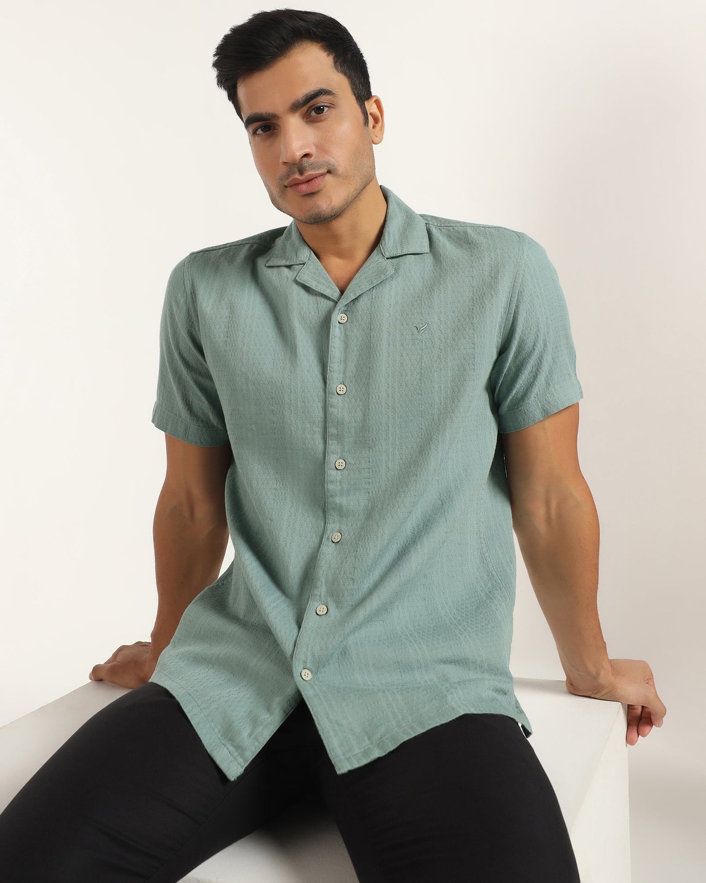 Casual Half Sleeve Green Textured Shirt - Elister