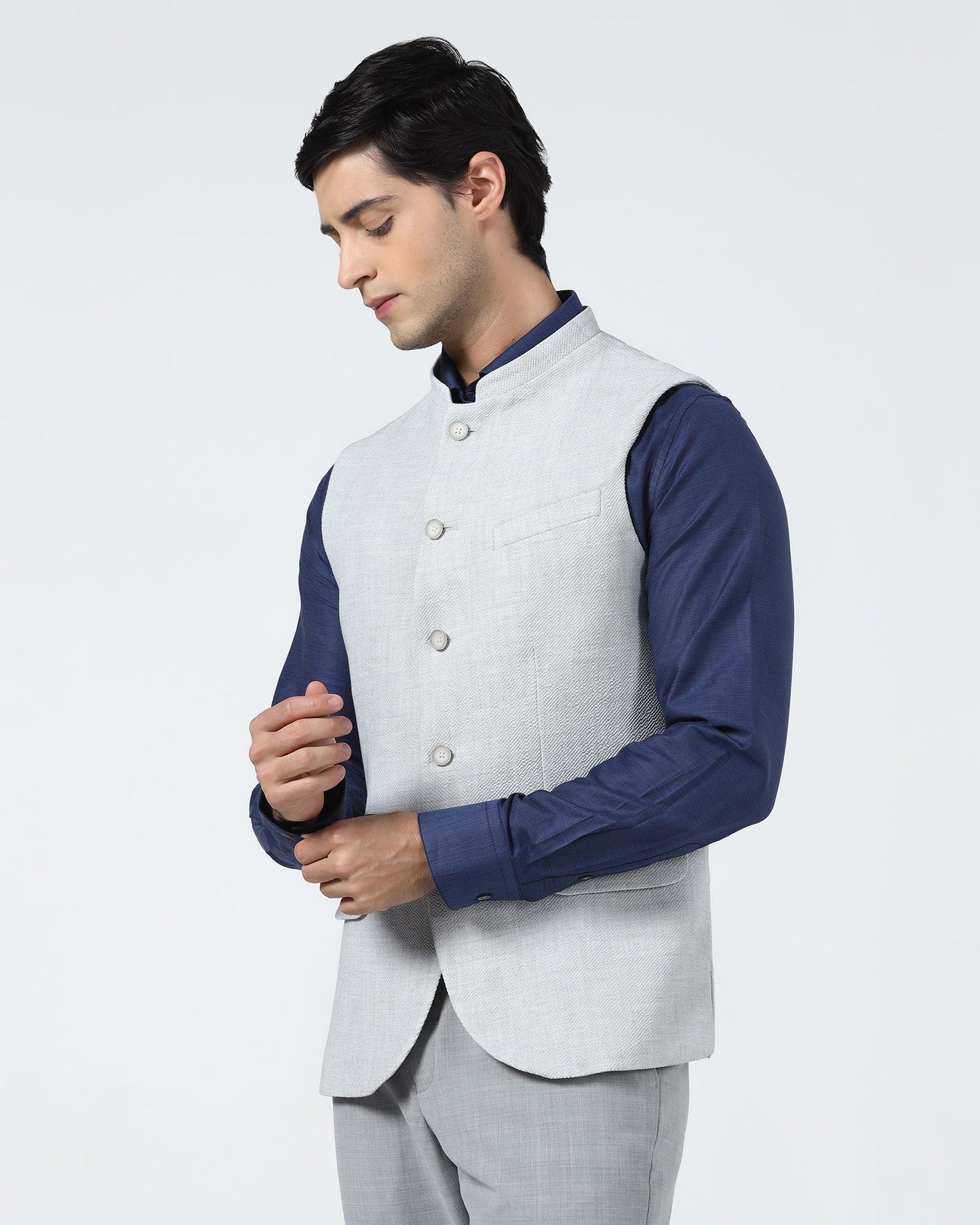 Light Grey Bandhgala Textured Waistcoat - Cadens