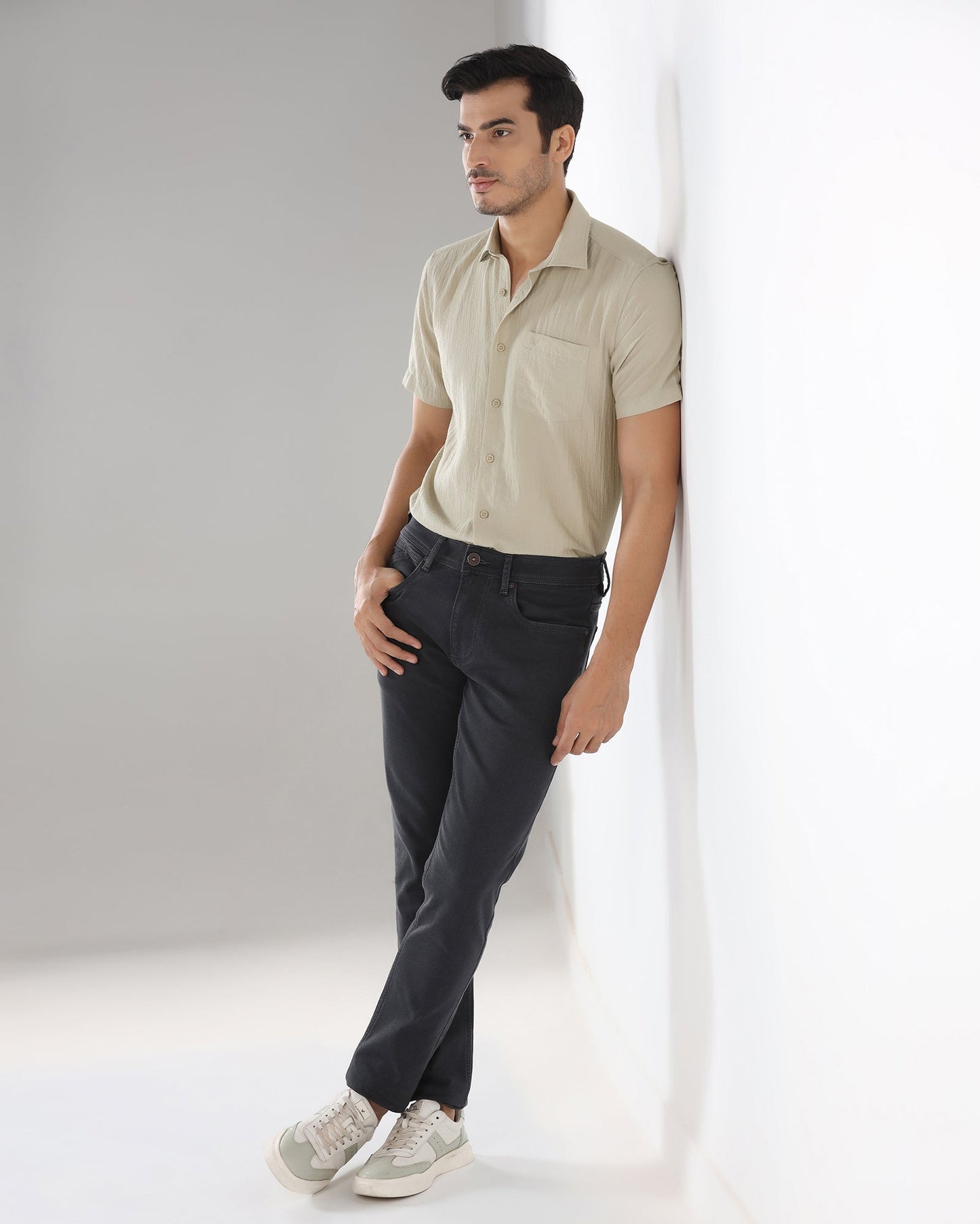 Light Grey Half Sleeve Textured Shirt - Cremon