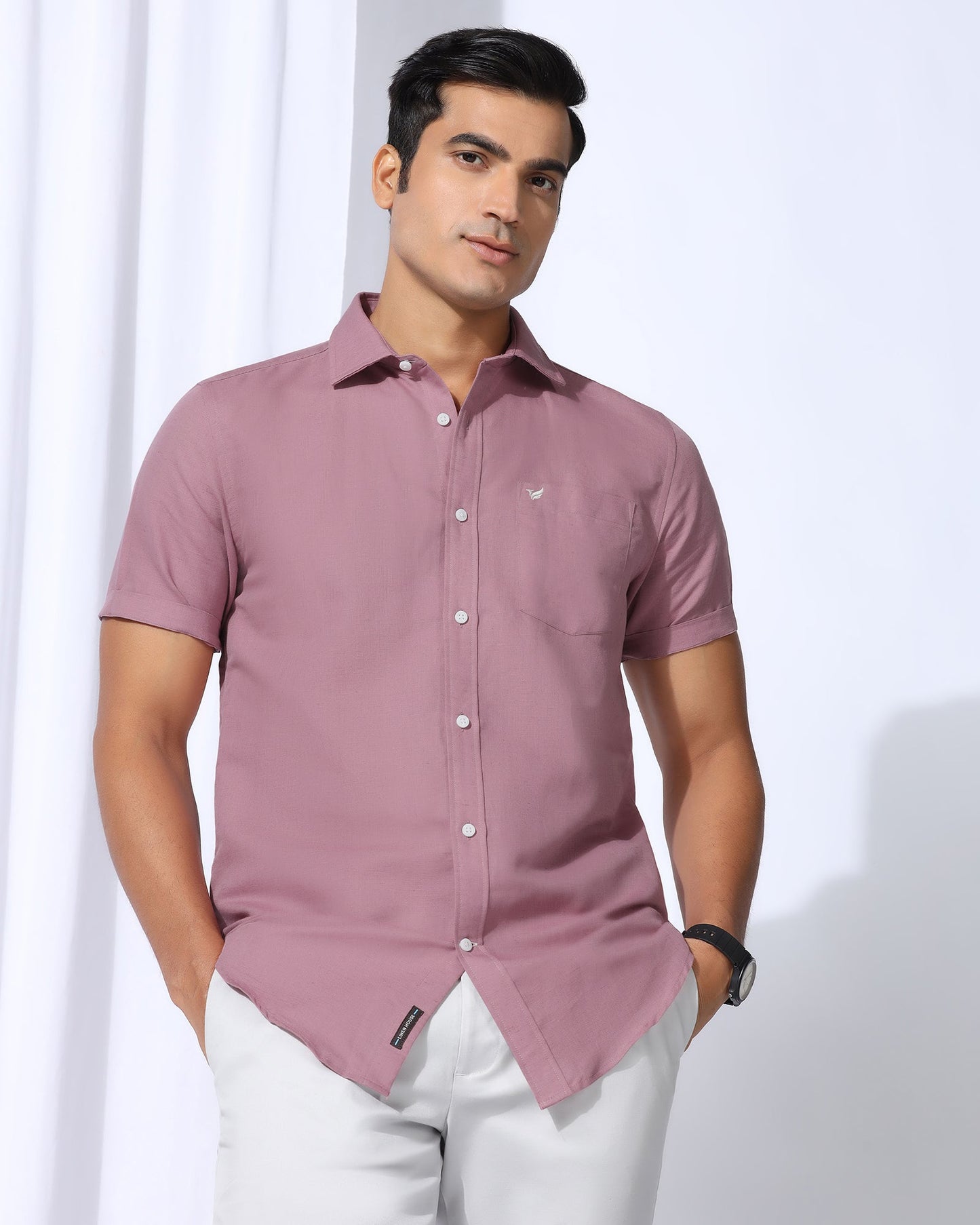 Linen Casual Half Sleeve Pink Solid Shirt - Salmon