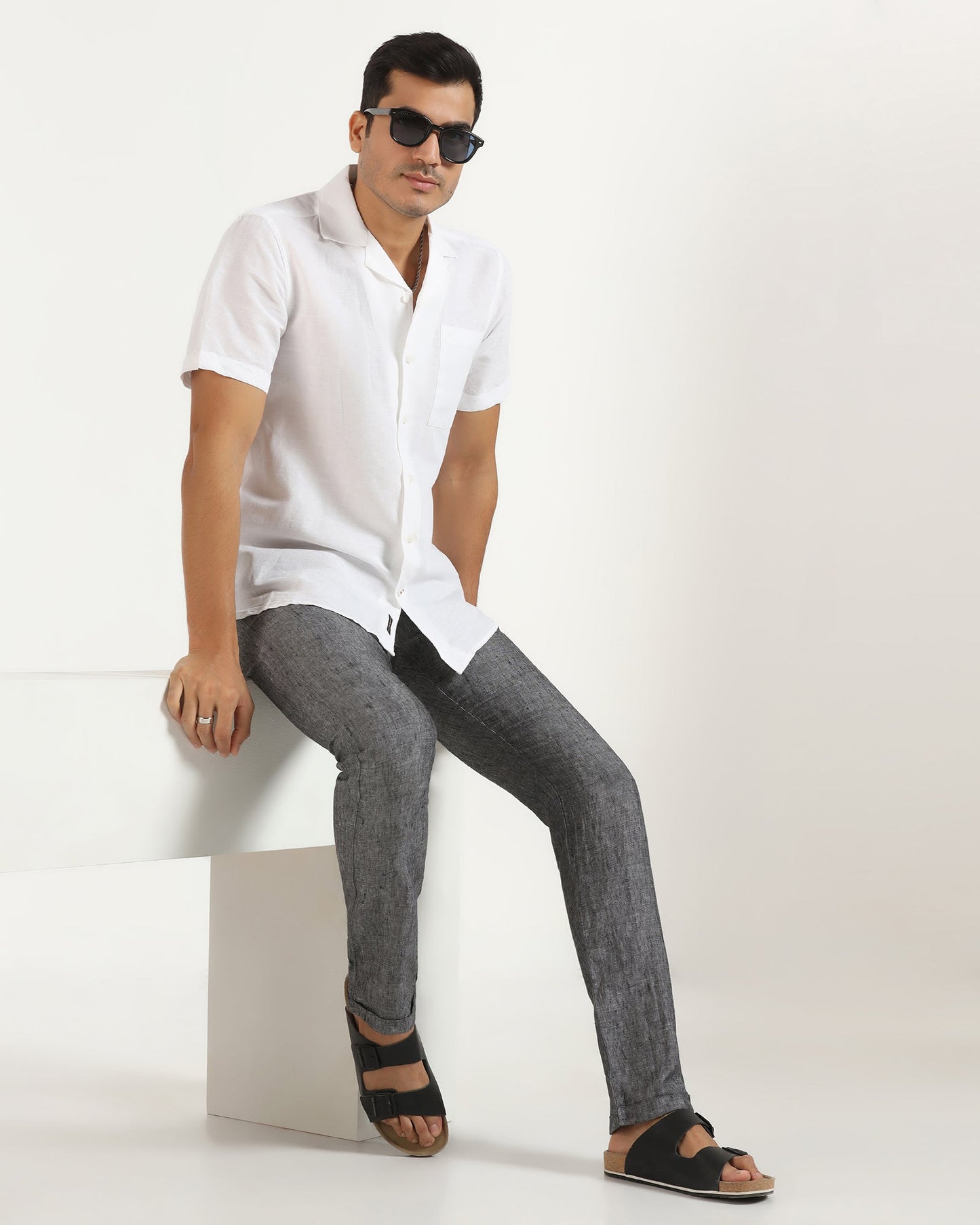 Linen Slim Comfort B-95 Casual Charcoal Solid Khakis - Chales