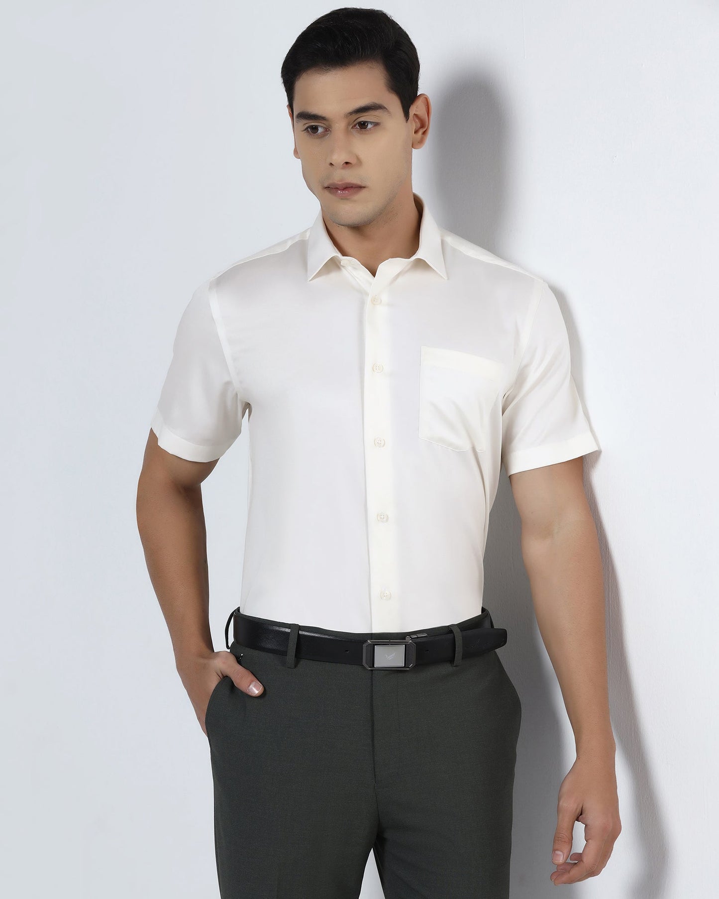 Off White Half Sleeve Non Iron Solid Shirt - Sylvia