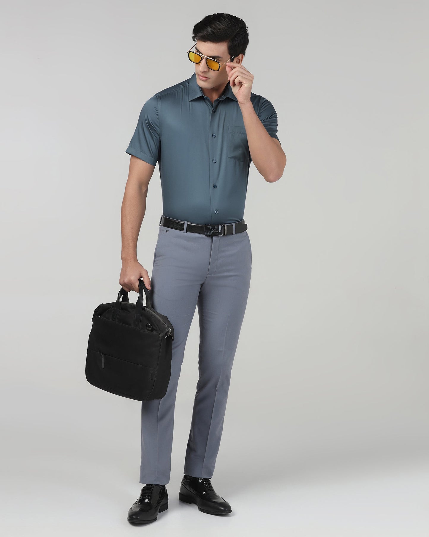 Petrol Blue Half Sleeve Unwrinkle Solid Shirt - Sylvia