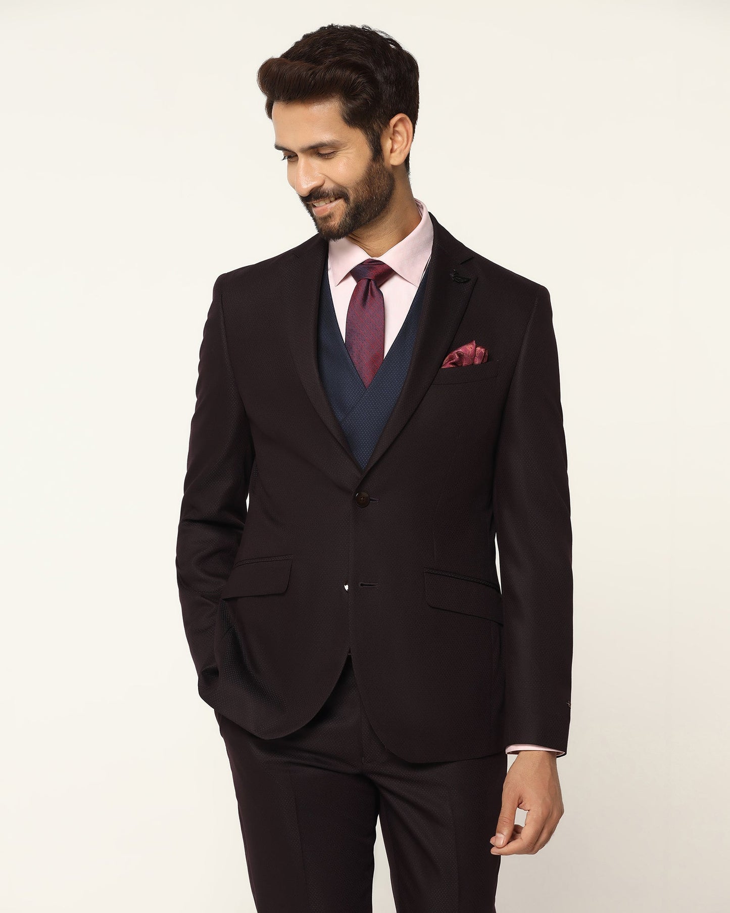 Three Piece Wine Textured Formal Suit - Rayner