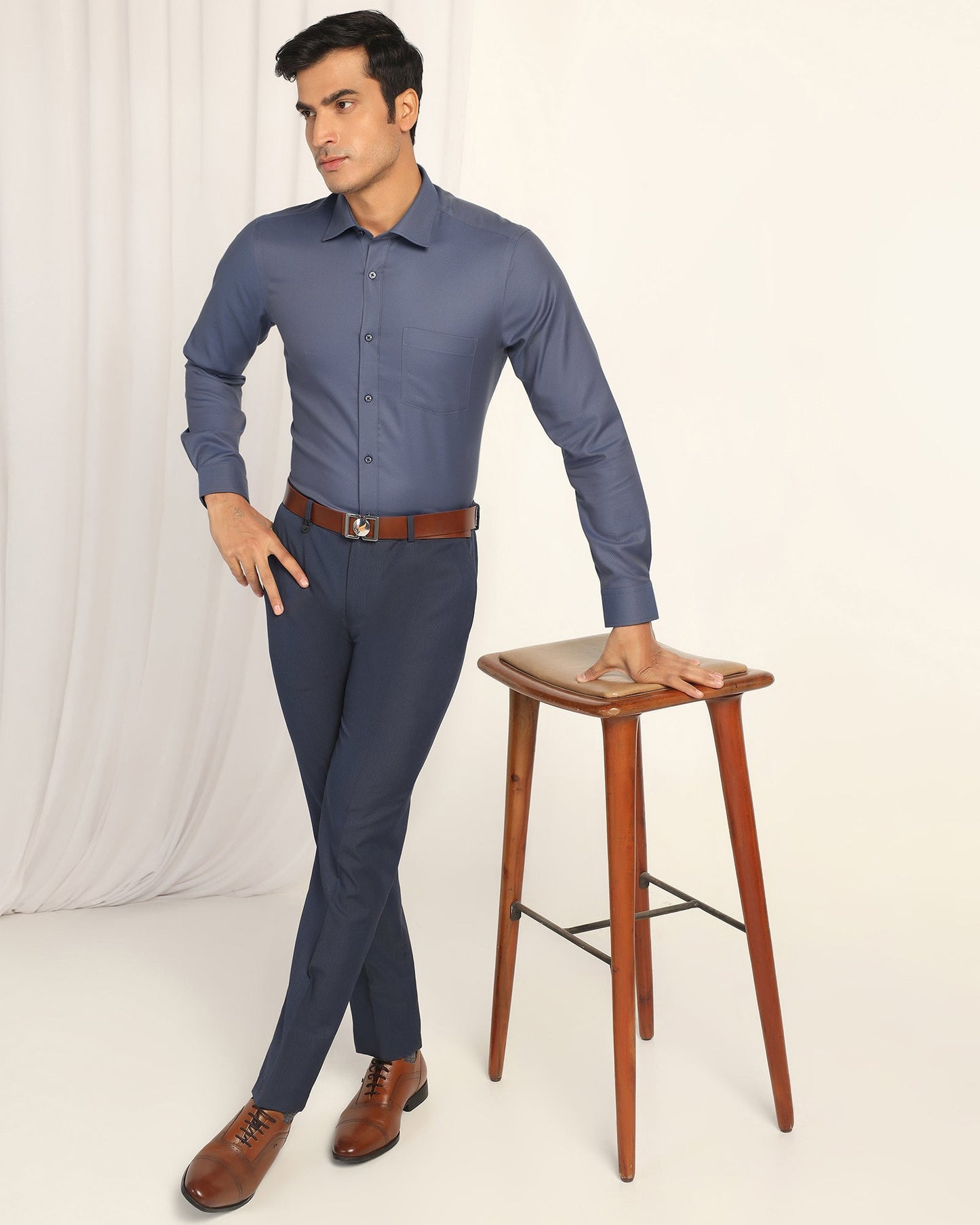 Non Iron Formal Mid Blue Textured Shirt - Bridge