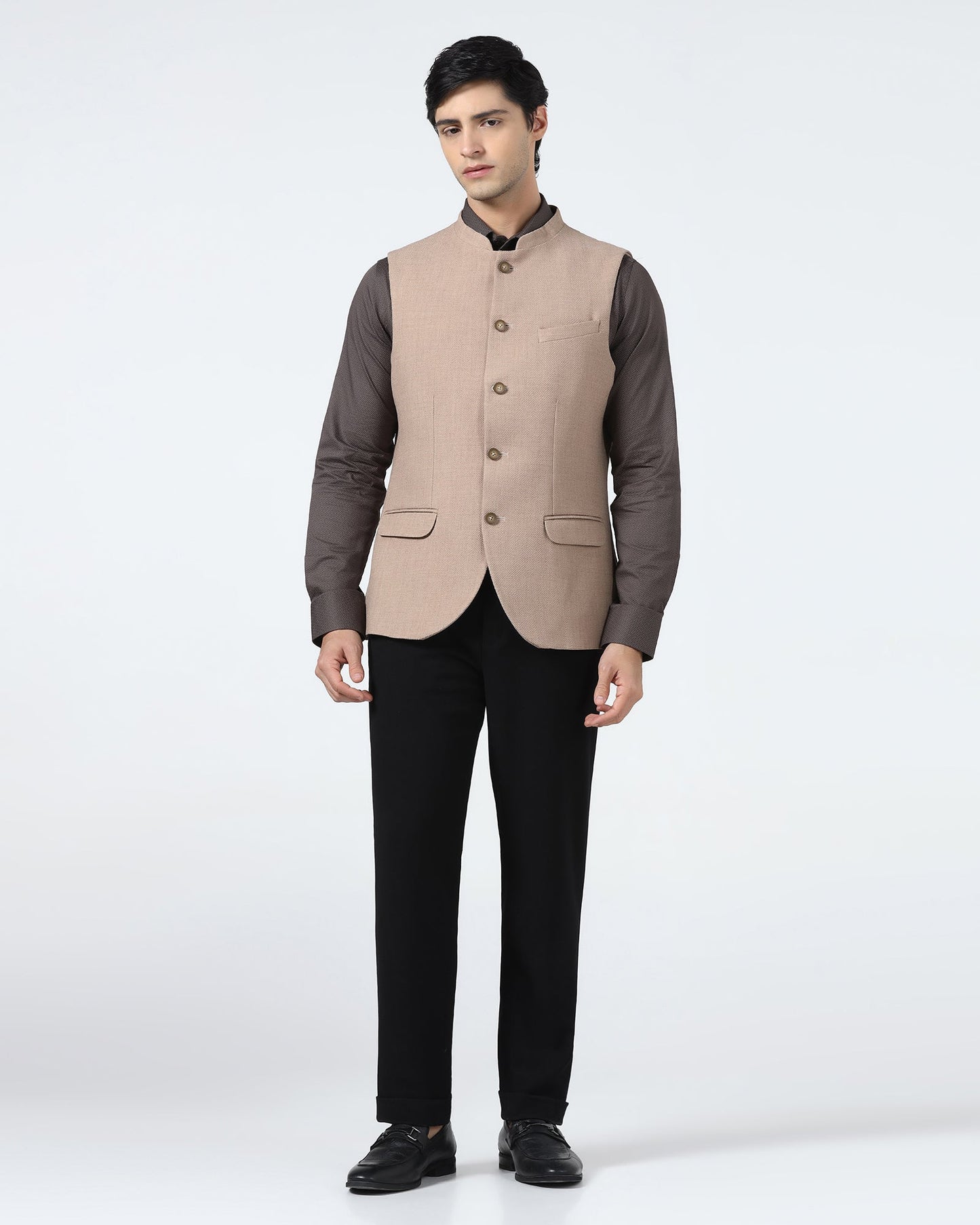 Beige Bandhgala Textured Waistcoat - Cadens