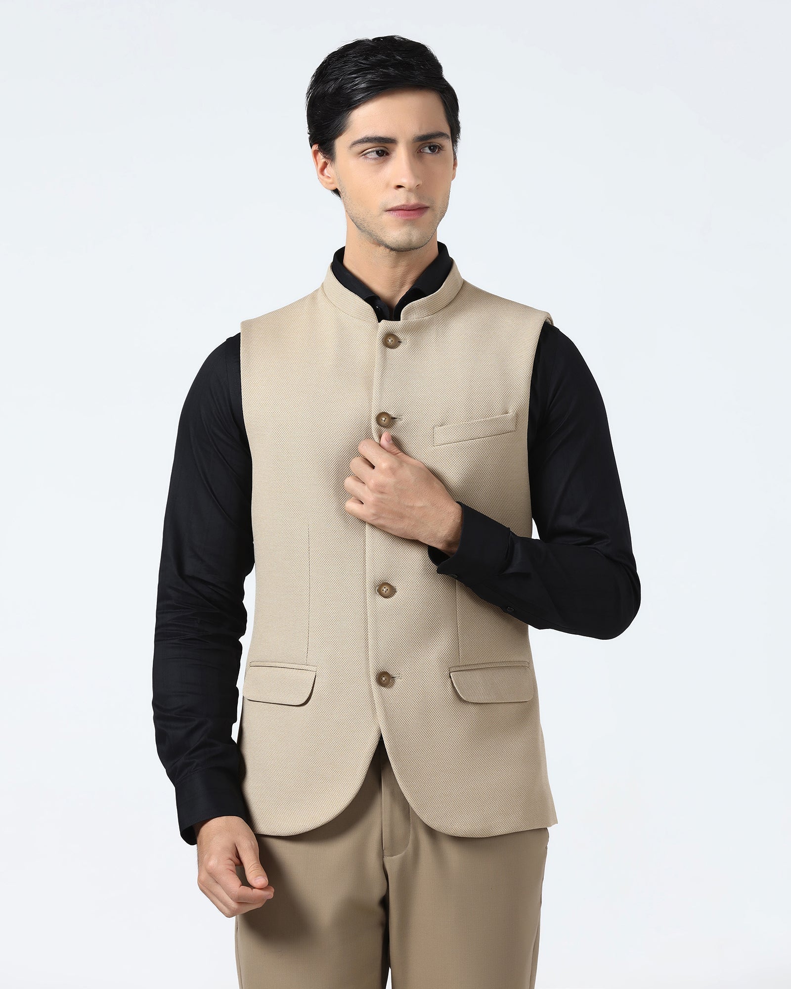 Beige Bandhgala Textured Waistcoat - Levon