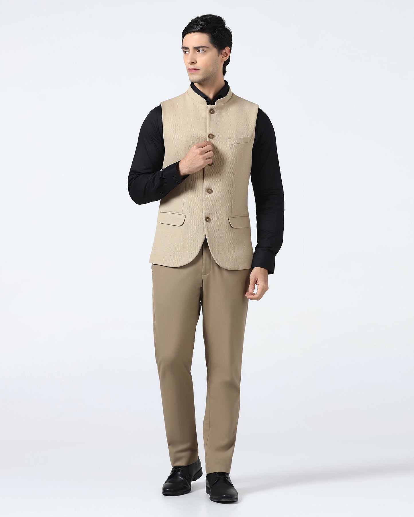 Beige Bandhgala Textured Waistcoat - Levon
