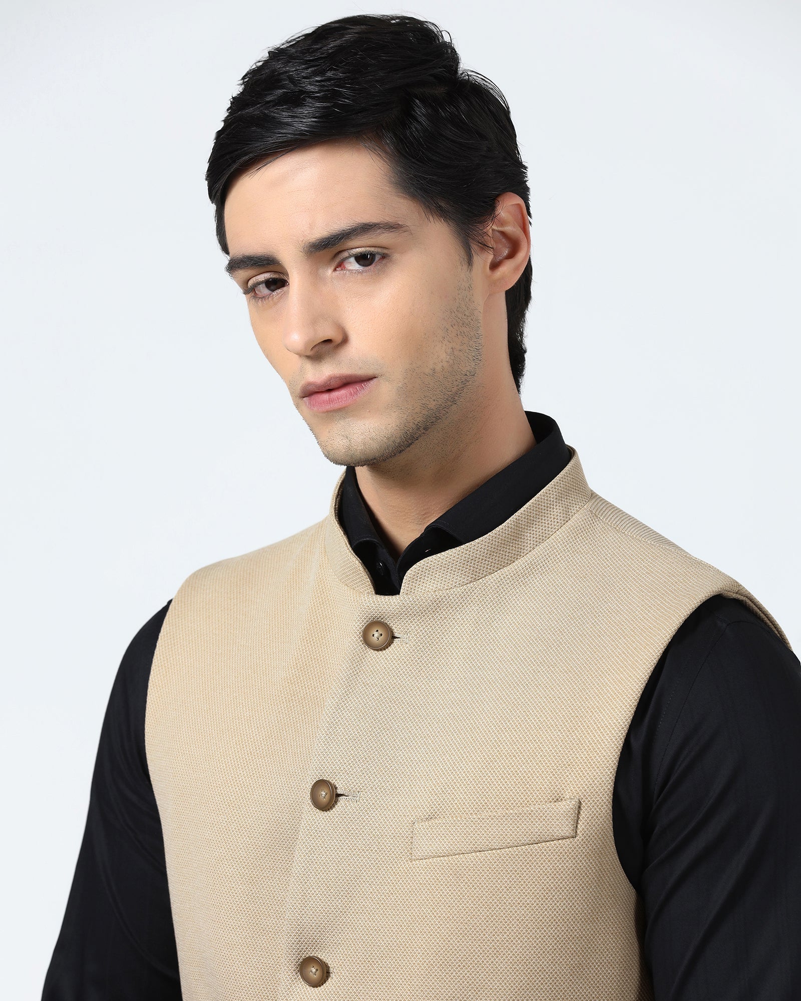 Beige Bandhgala Textured Waistcoat - Levon