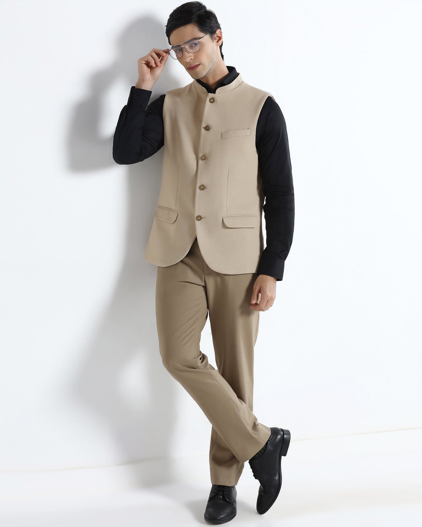 Beige Bandhgala Textured Waistcoat - Levon