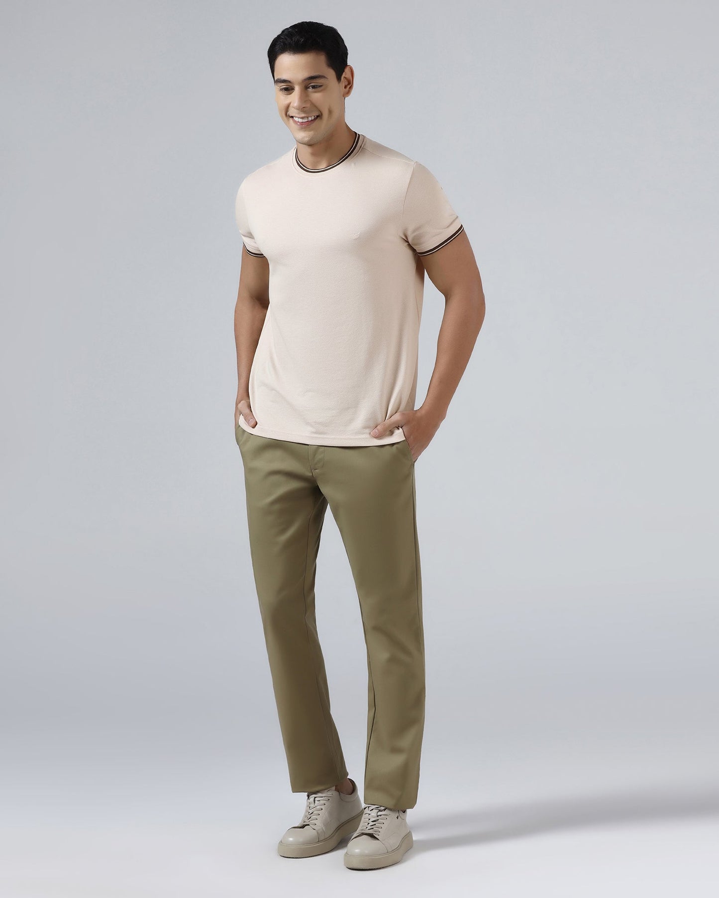 Beige Crew Neck Textured T-Shirt - Doloras