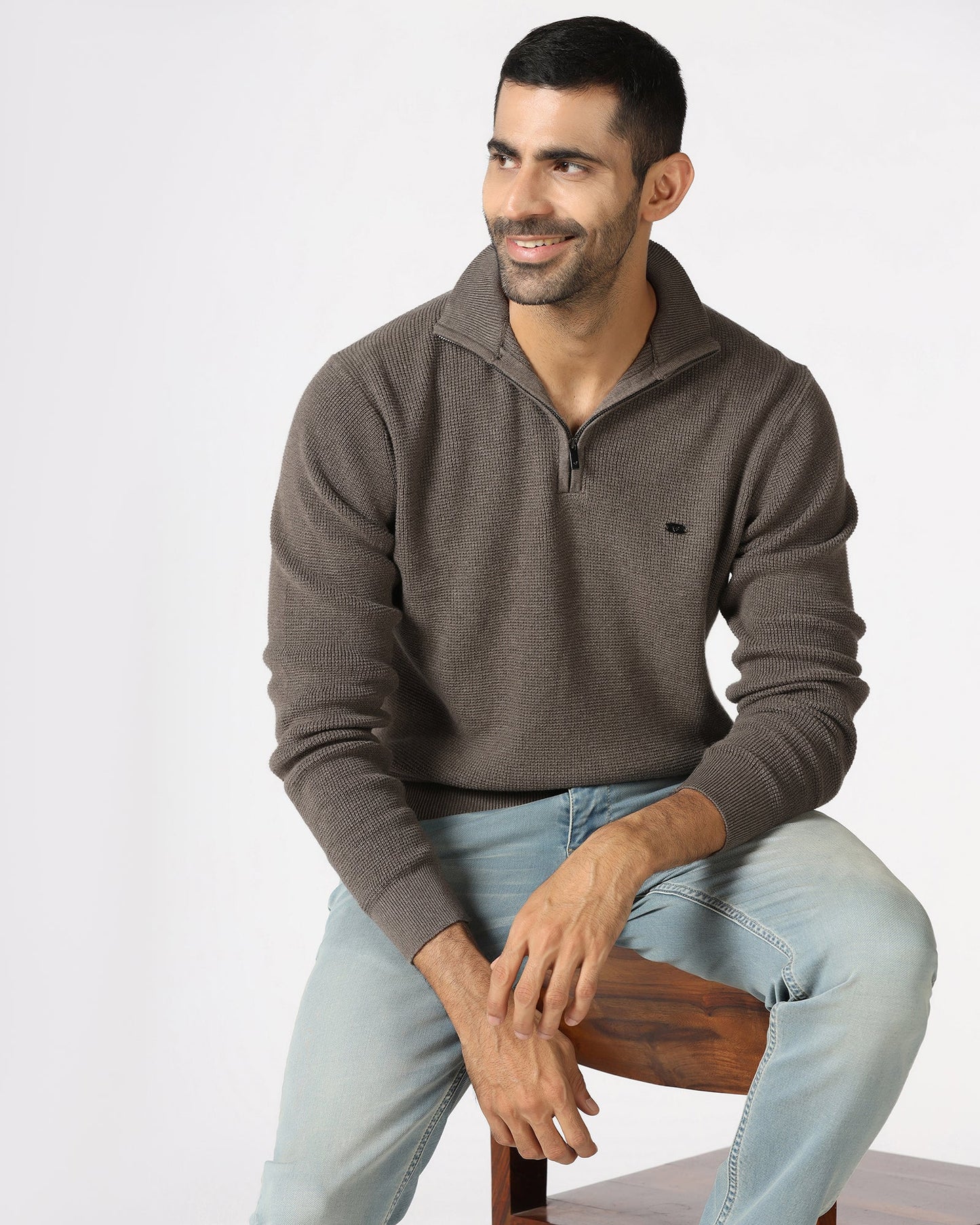Beige High Neck Jacquard Sweatshirt - Price
