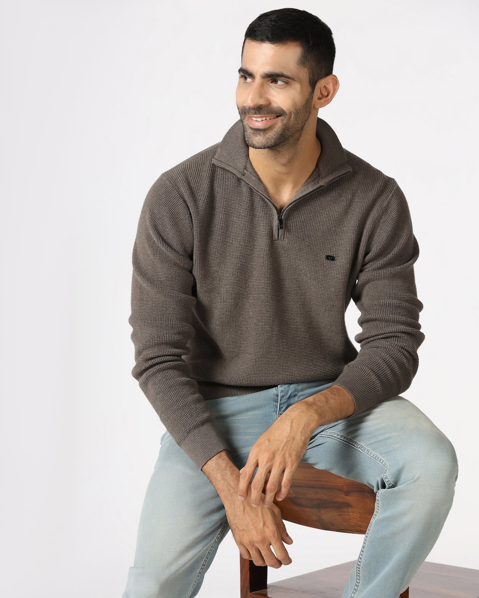 Beige High Neck Jacquard Sweatshirt - Price