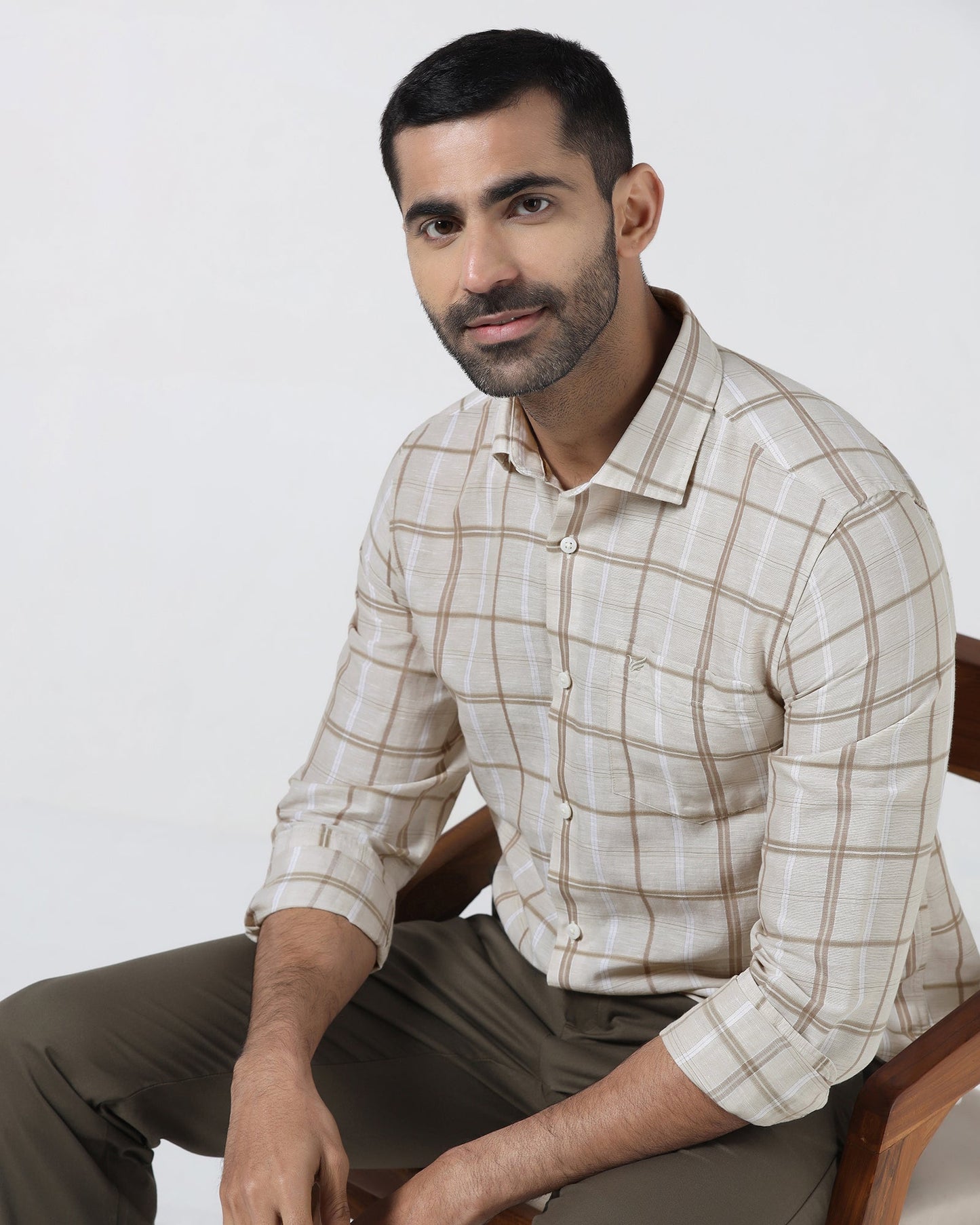 Beige Linen Check Shirt - Jomix
