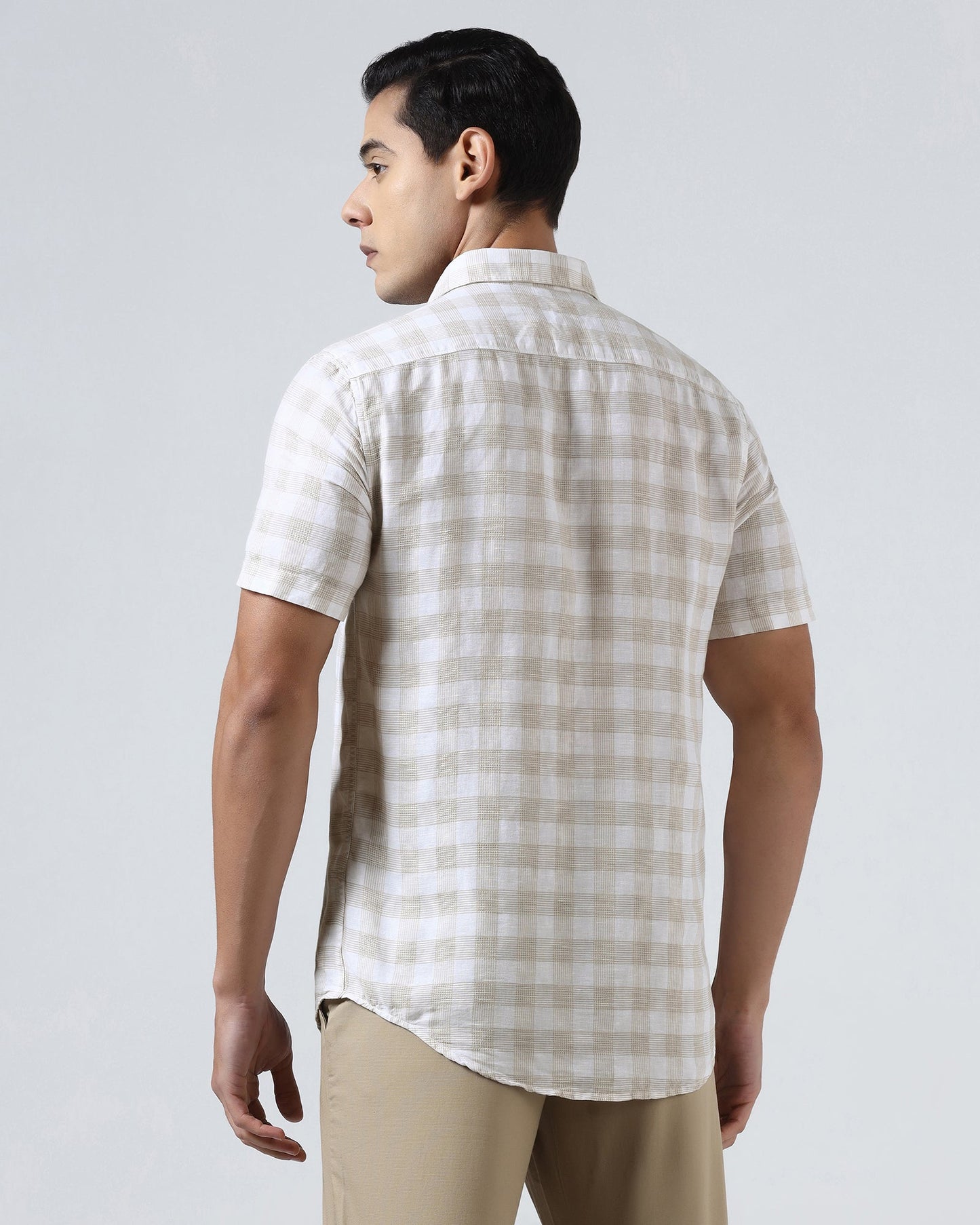 Beige Half Sleeve Linen Check Shirt - Yudi