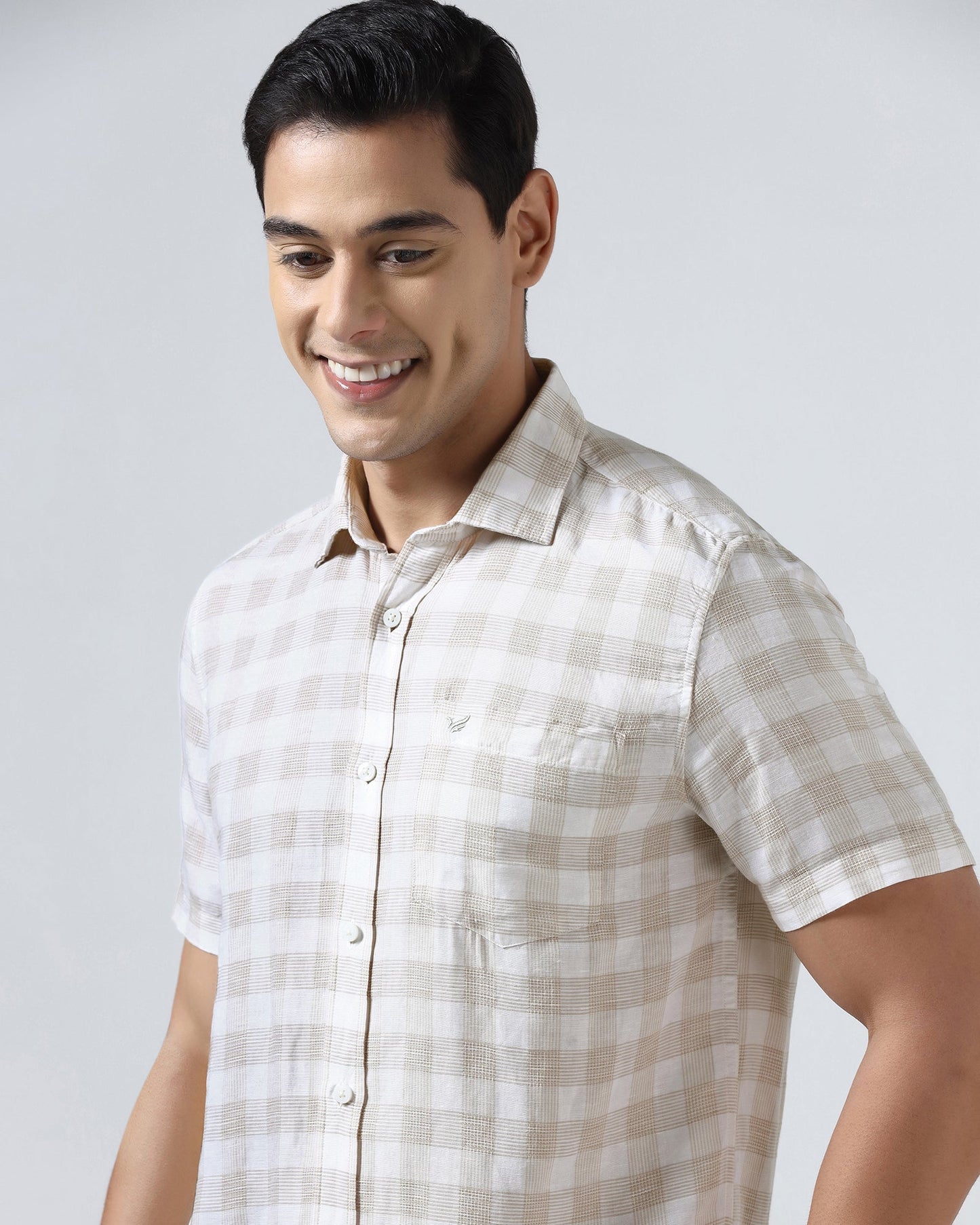 Beige Half Sleeve Linen Check Shirt - Yudi