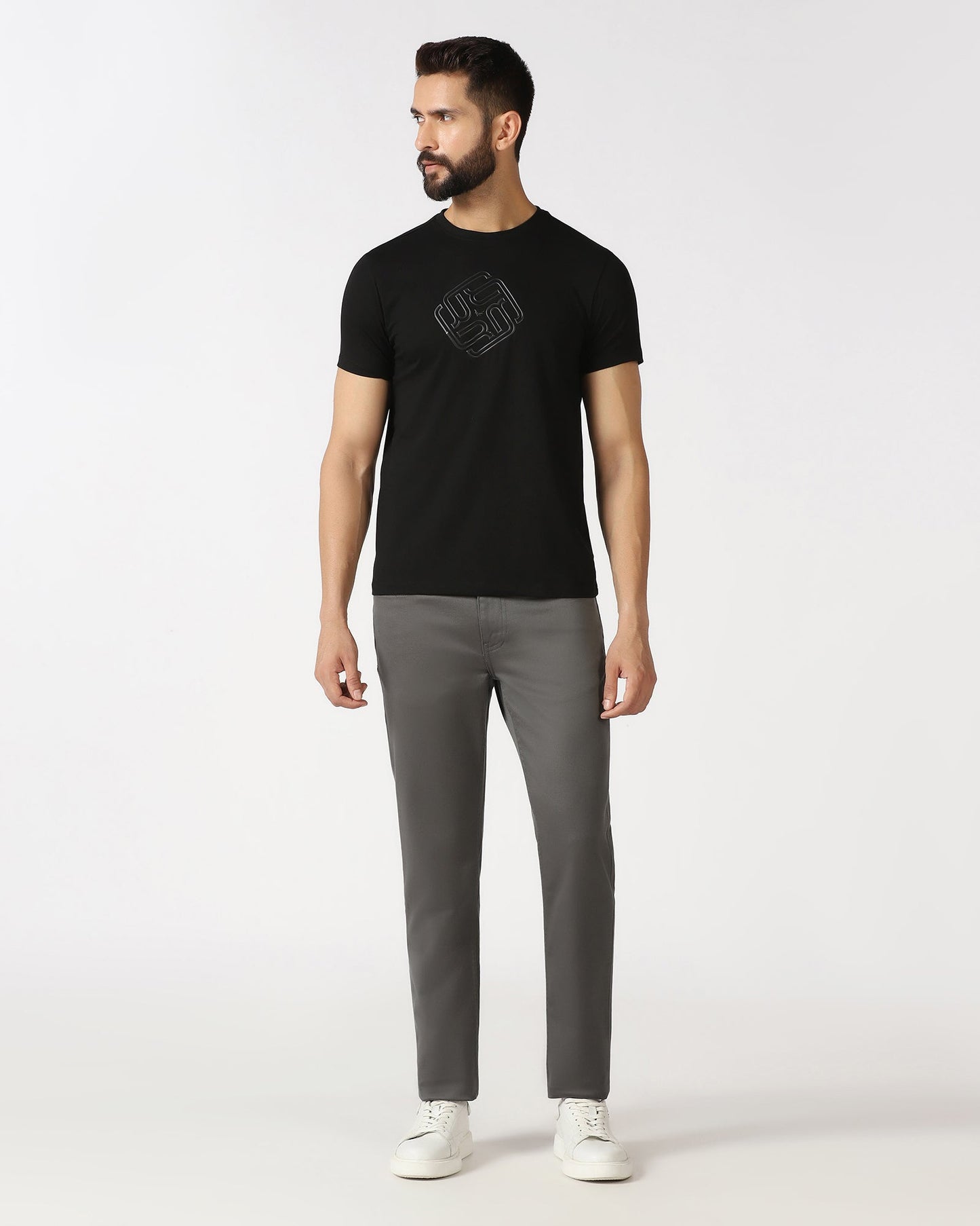 Black Crew Neck Textured T-Shirt - Crown