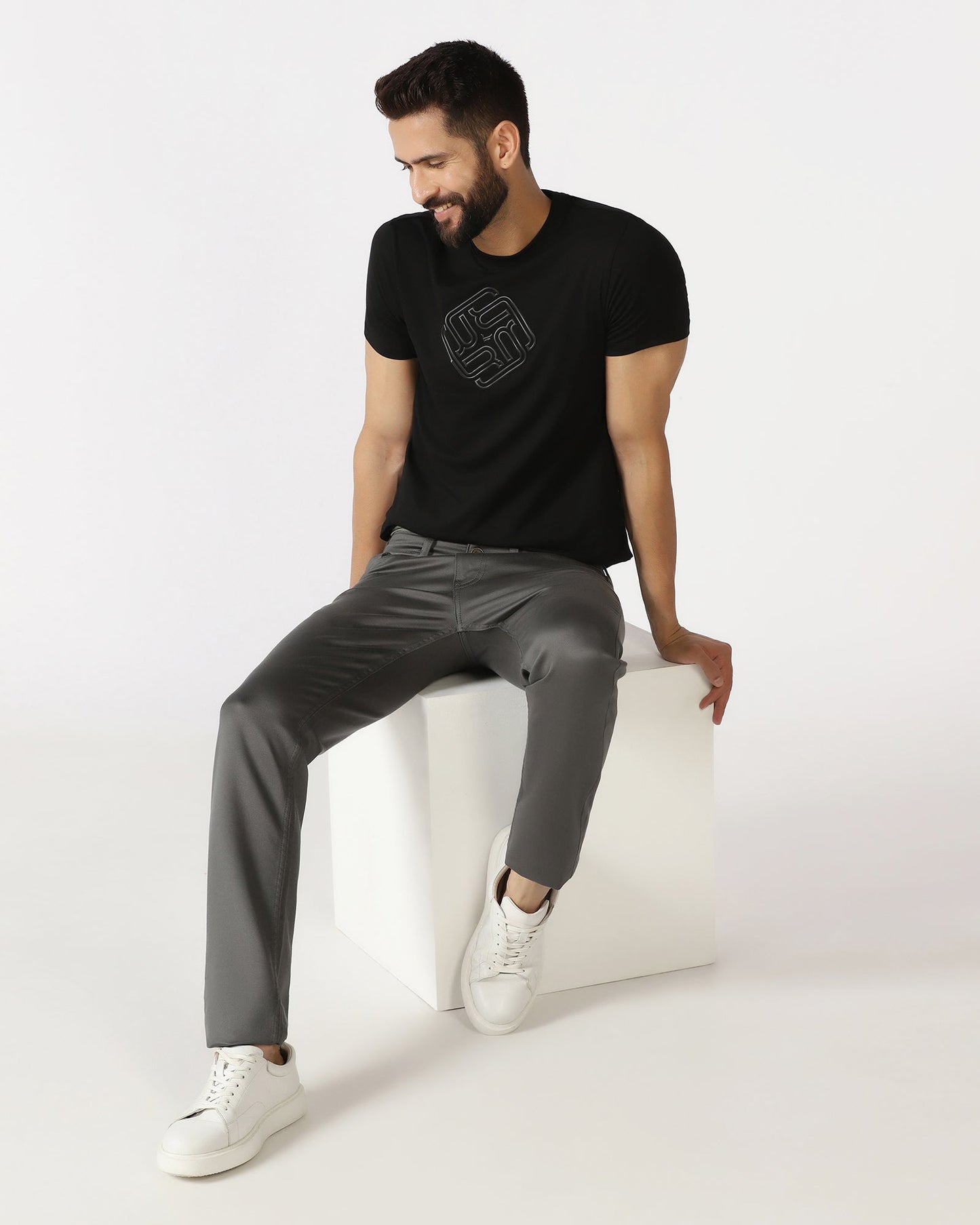 Black Crew Neck Textured T-Shirt - Crown