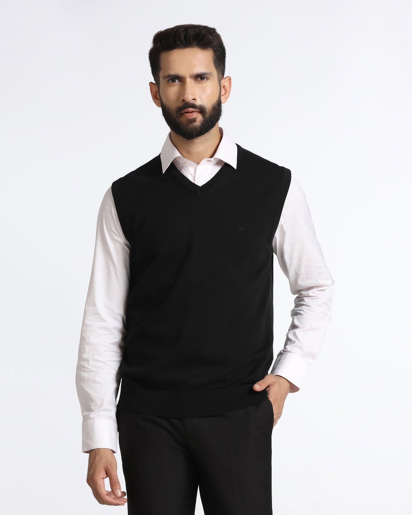 Black V-Neck Solid Sweatshirt - Less