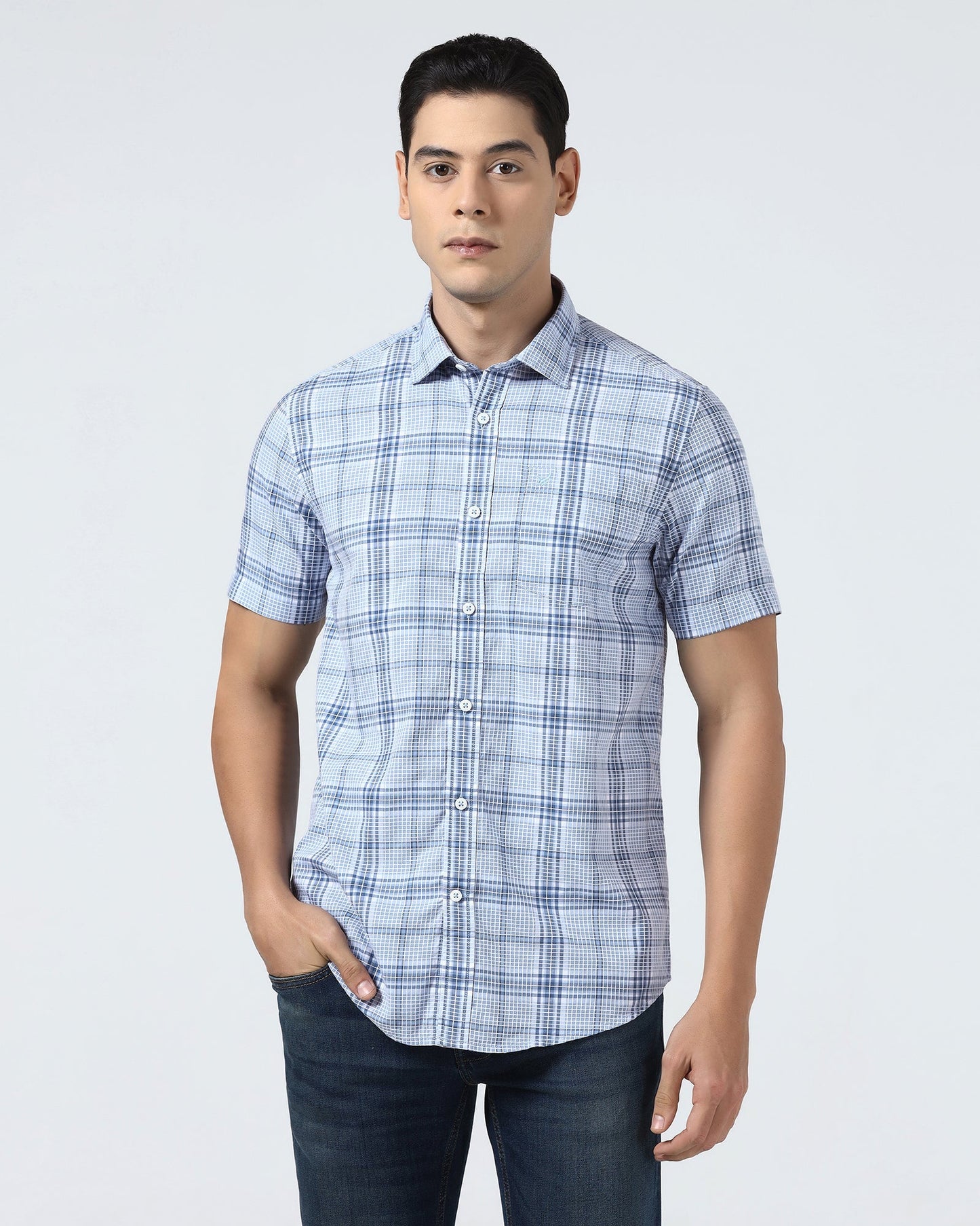 Blue Half Sleeve Check Shirt - Farlen