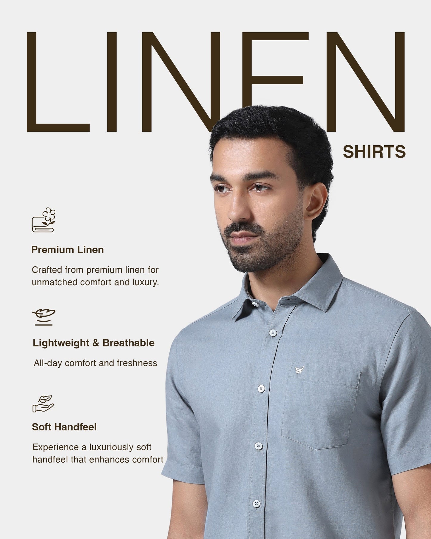 Blue Grey Half Sleeve Linen Solid Shirt - Cleo