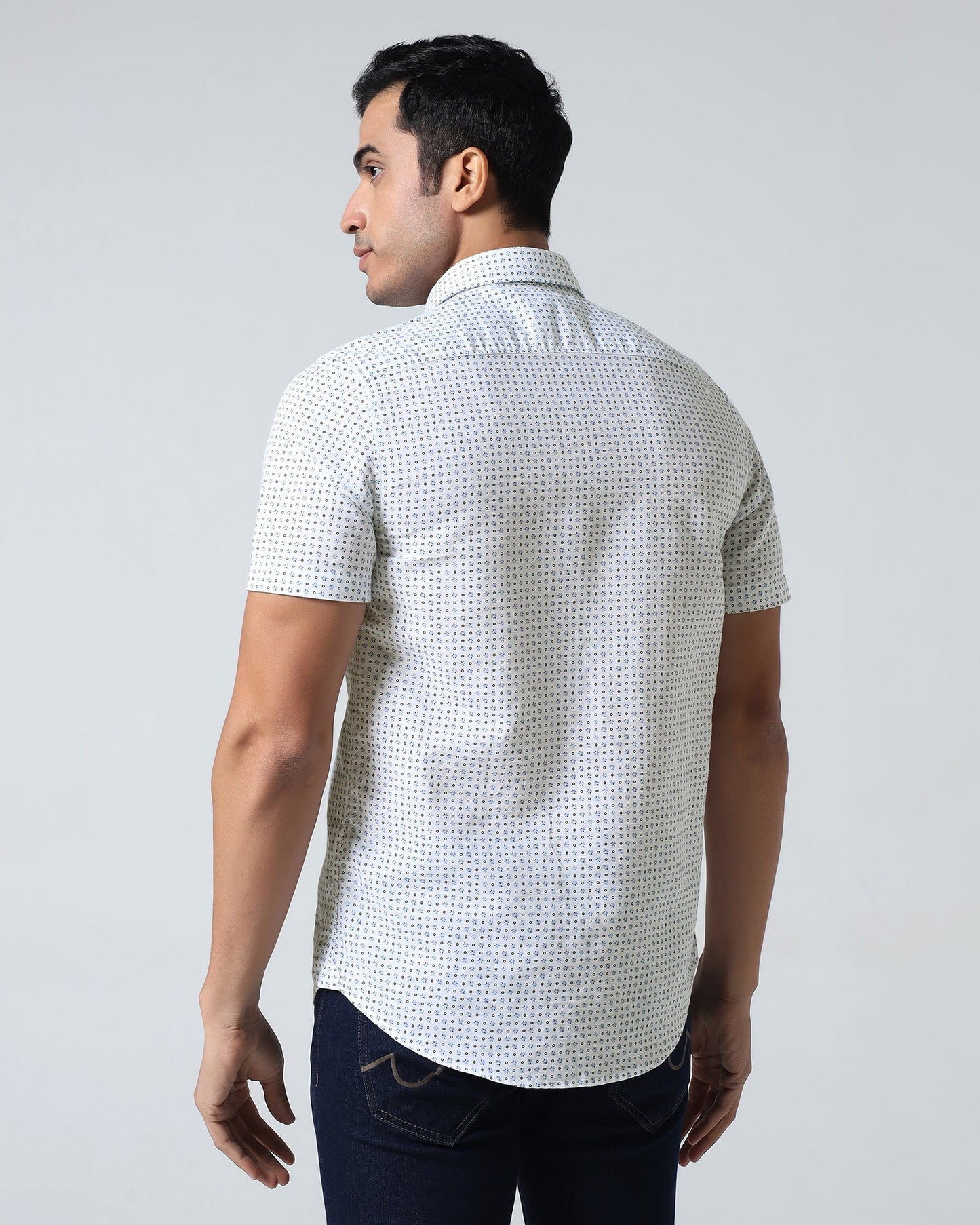 Blue Half Sleeve Linen Printed Shirt - Rogel