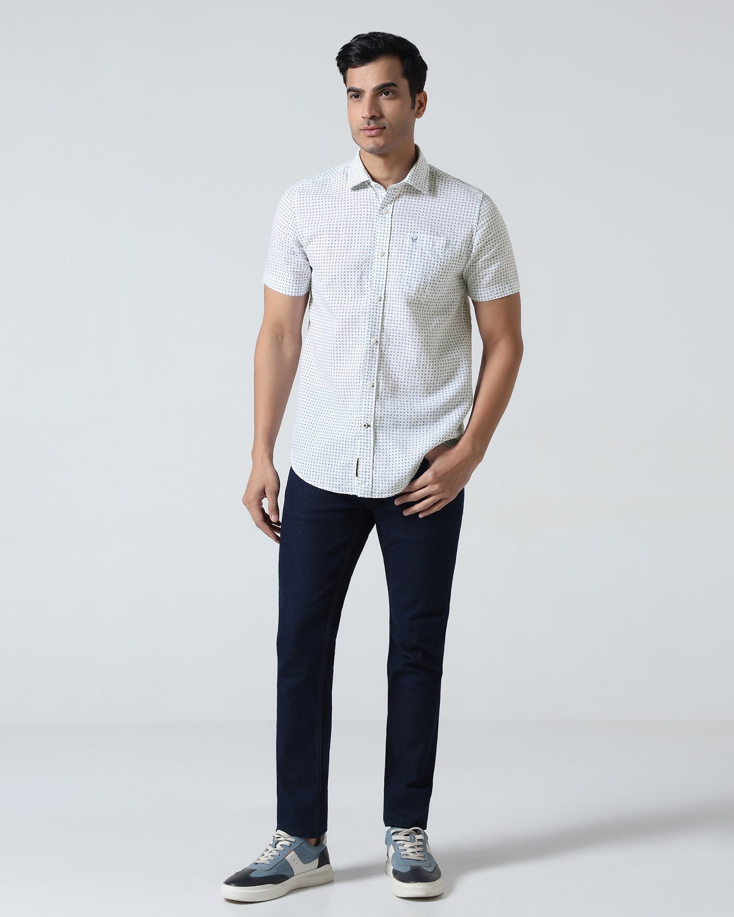 Blue Half Sleeve Linen Printed Shirt - Rogel