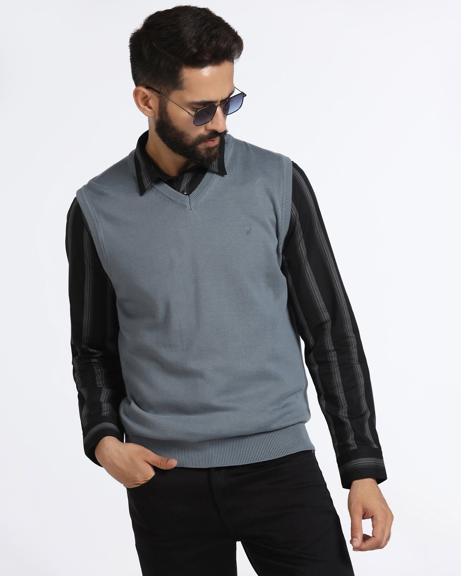 Blue V-Neck Solid Sweatshirt - Less