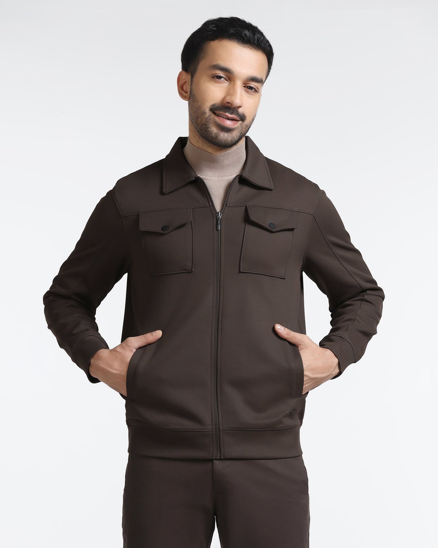 Brown Polo Neck Solid Sweatshirt - Octa