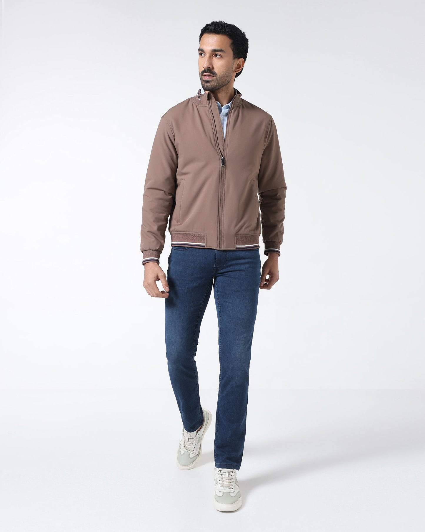 Brown Solid Zipper Jacket - Dornell