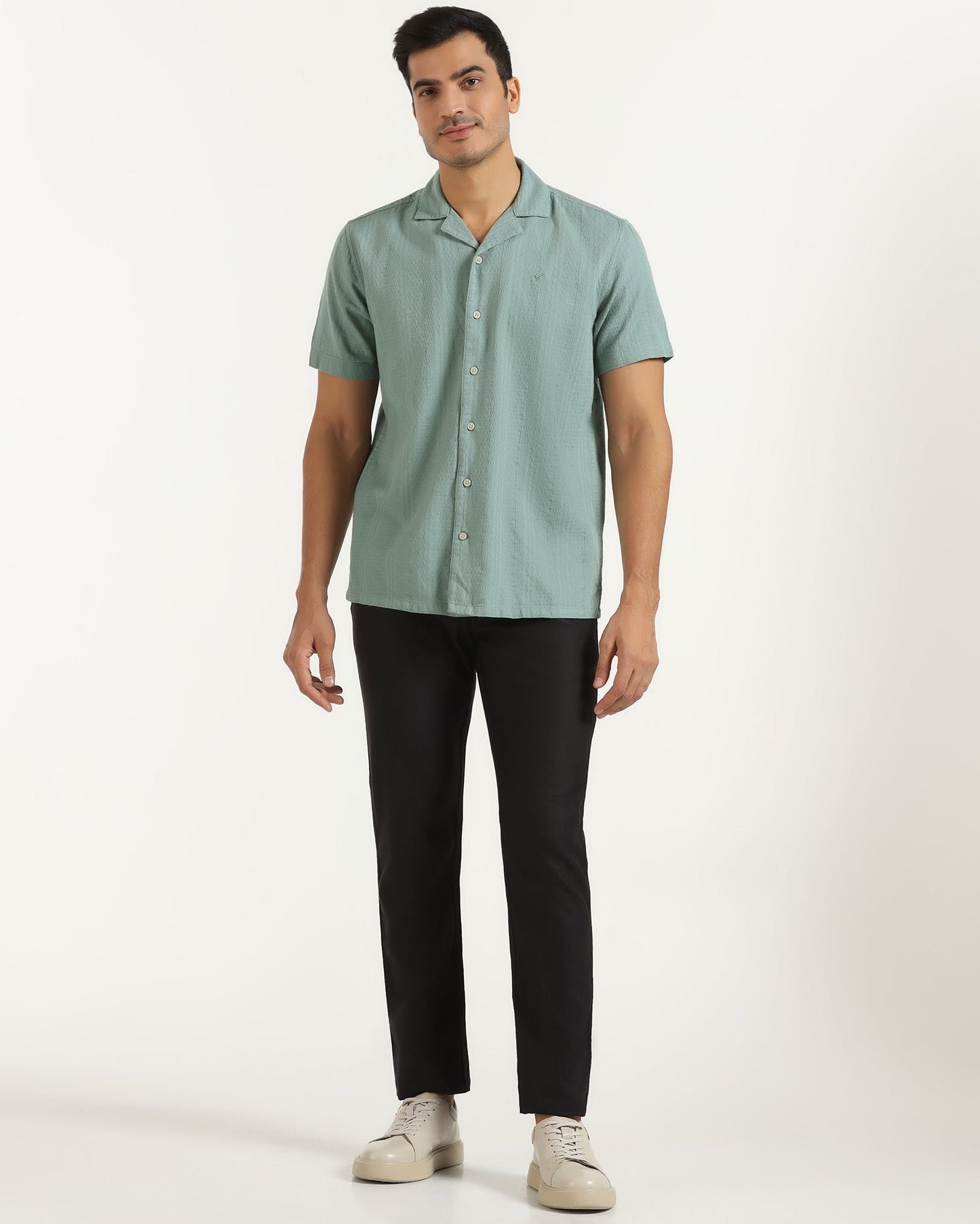 Casual Half Sleeve Green Textured Shirt - Elister