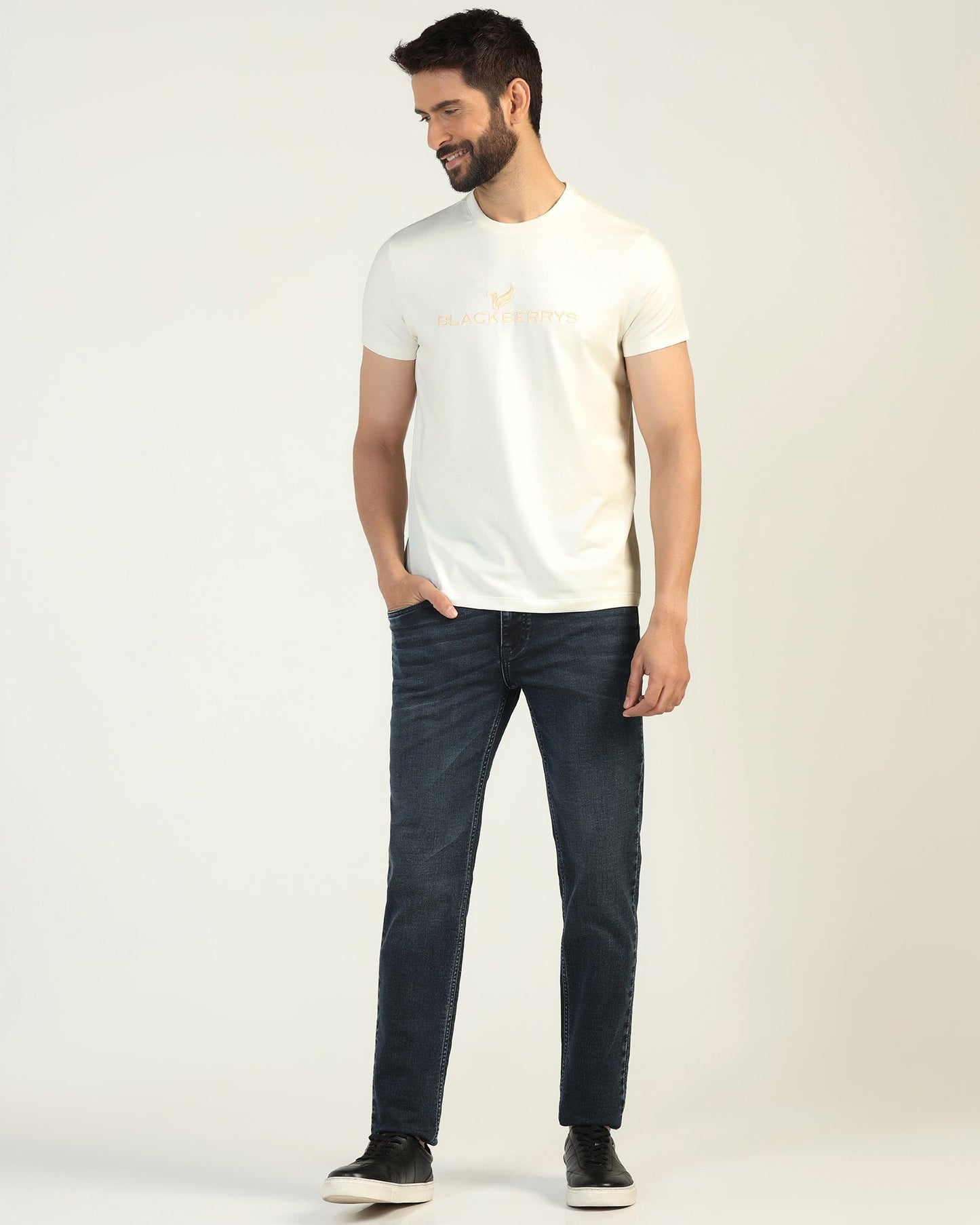 Crew Neck Off White Solid T-Shirt - Phoenix