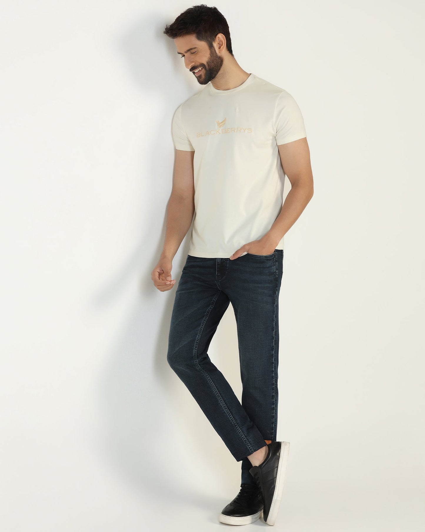 Crew Neck Off White Solid T-Shirt - Phoenix