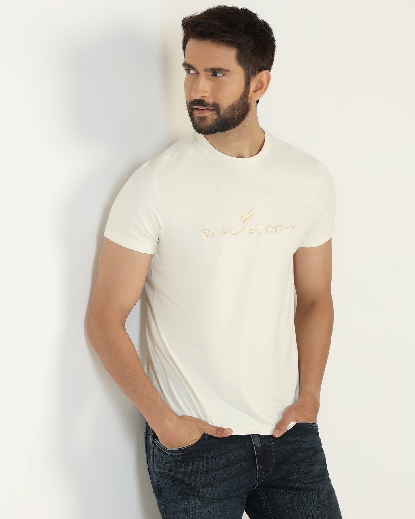 Crew Neck Off White Solid T-Shirt - Phoenix
