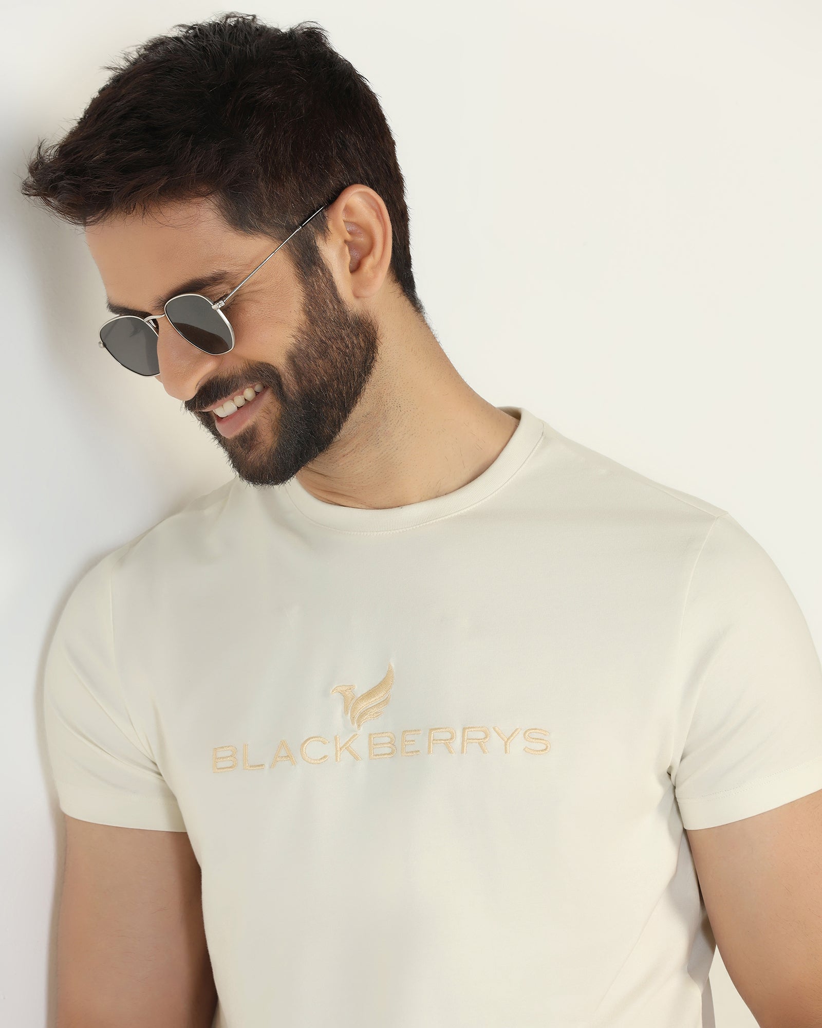 Crew Neck Off White Solid T-Shirt - Phoenix