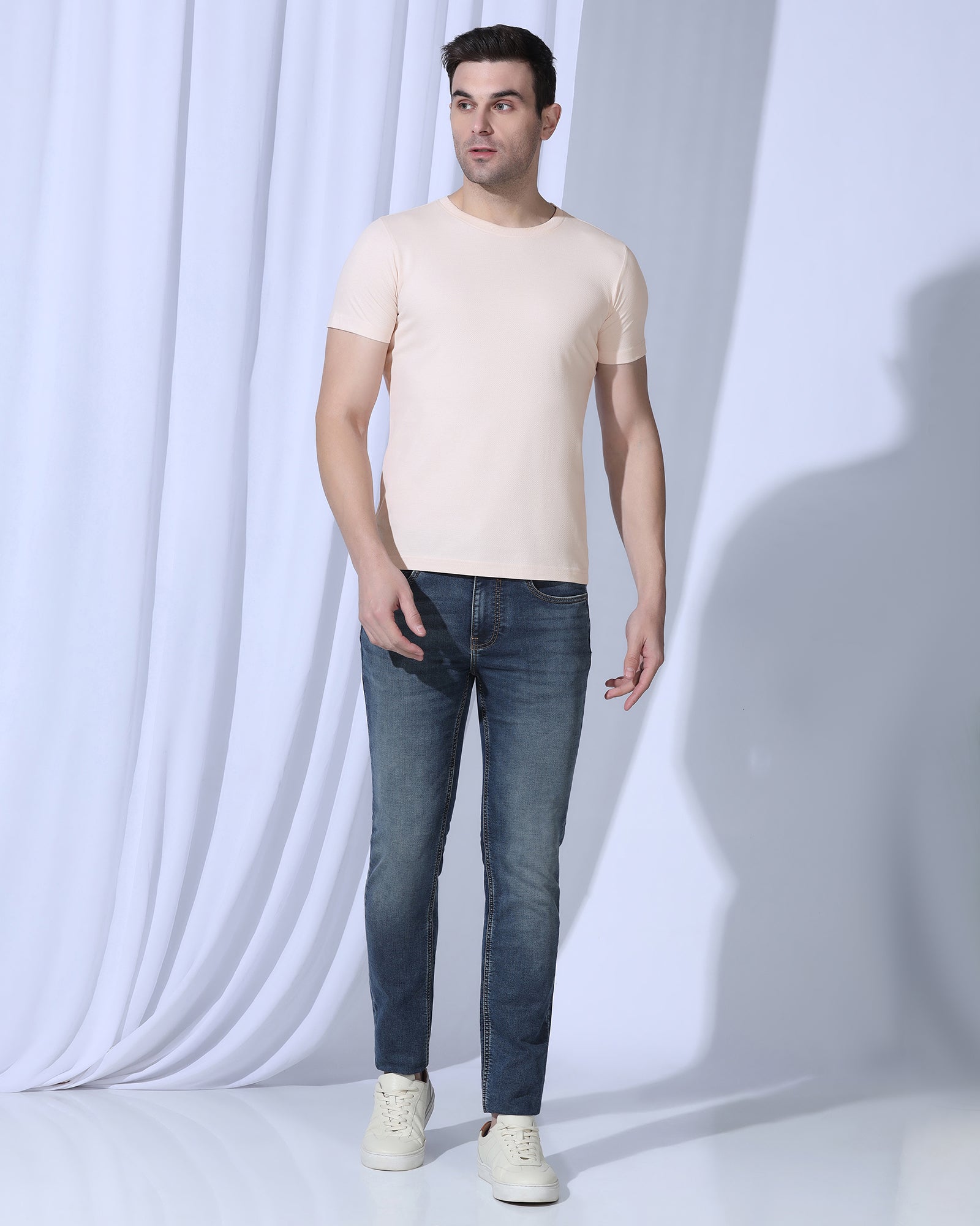 Crew Neck Pink Textured T-Shirt - Corn