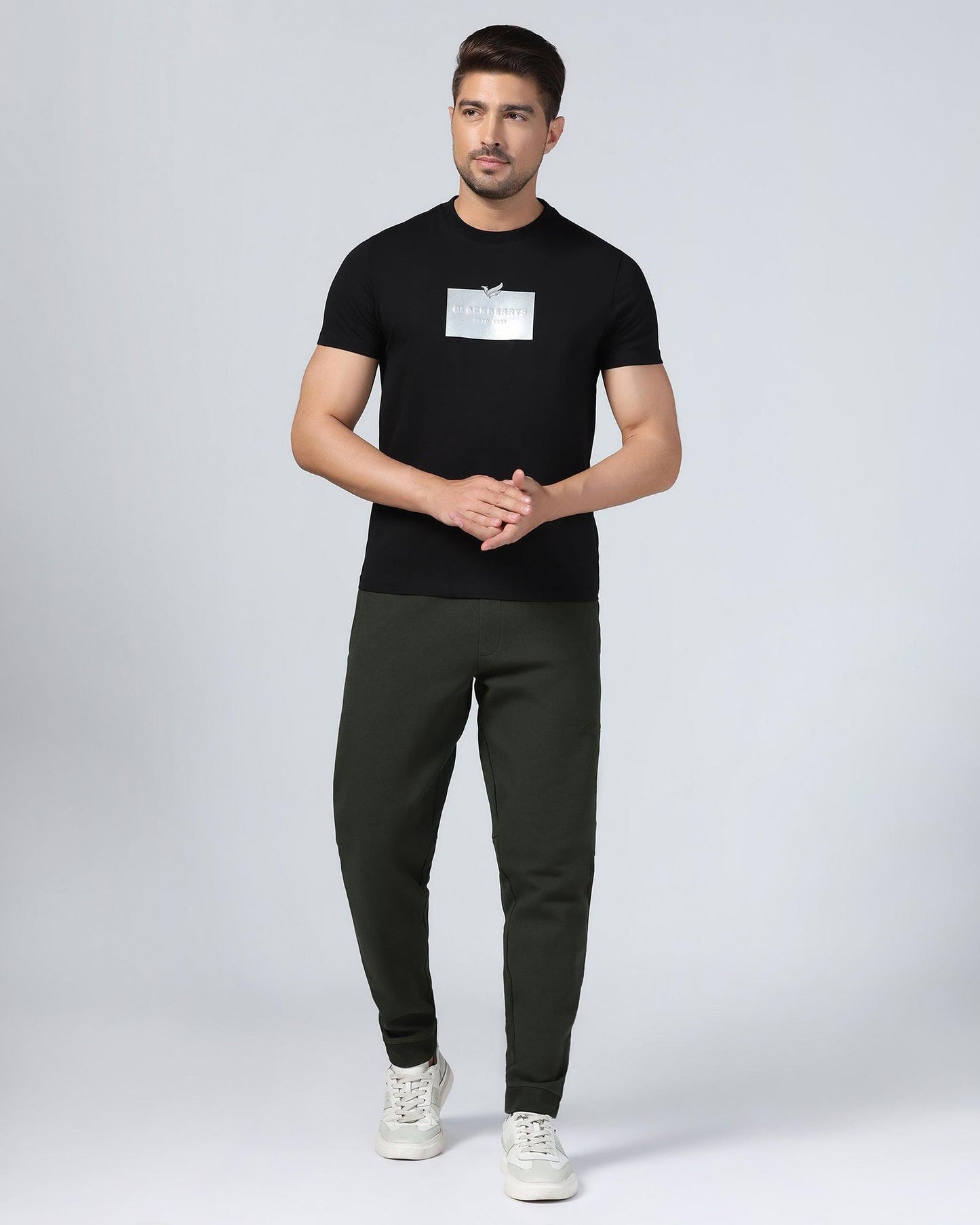 Crew Neck Black Printed T-Shirt - Foil
