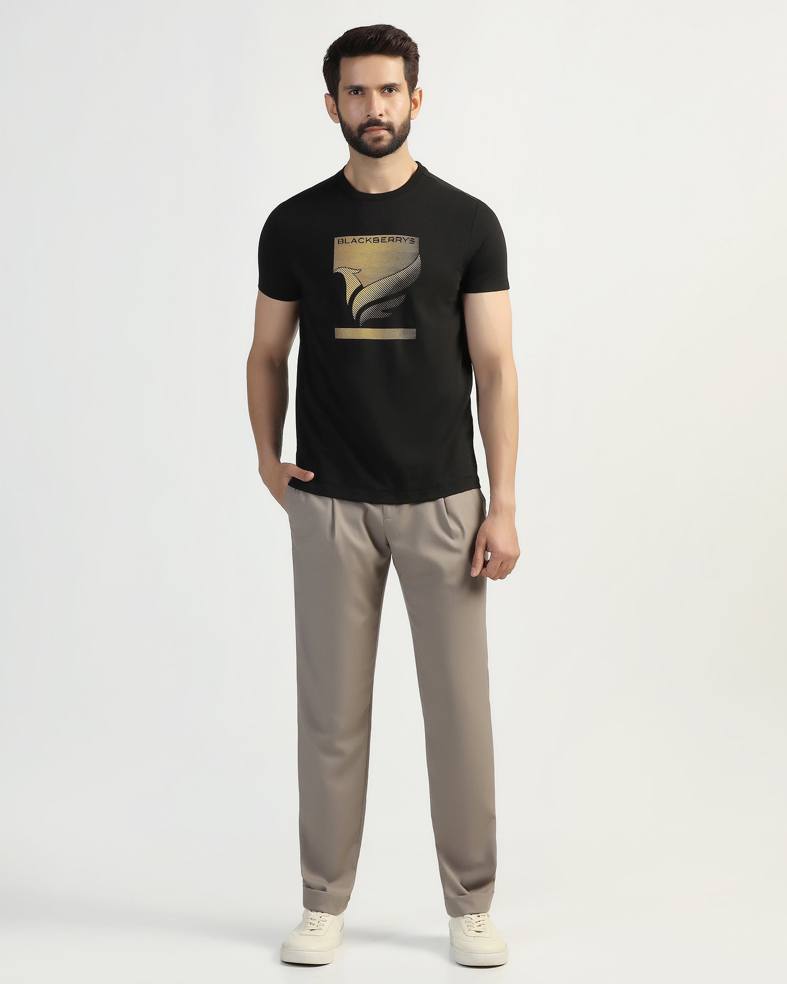 Crew Neck Black Printed T-Shirt - Pilot