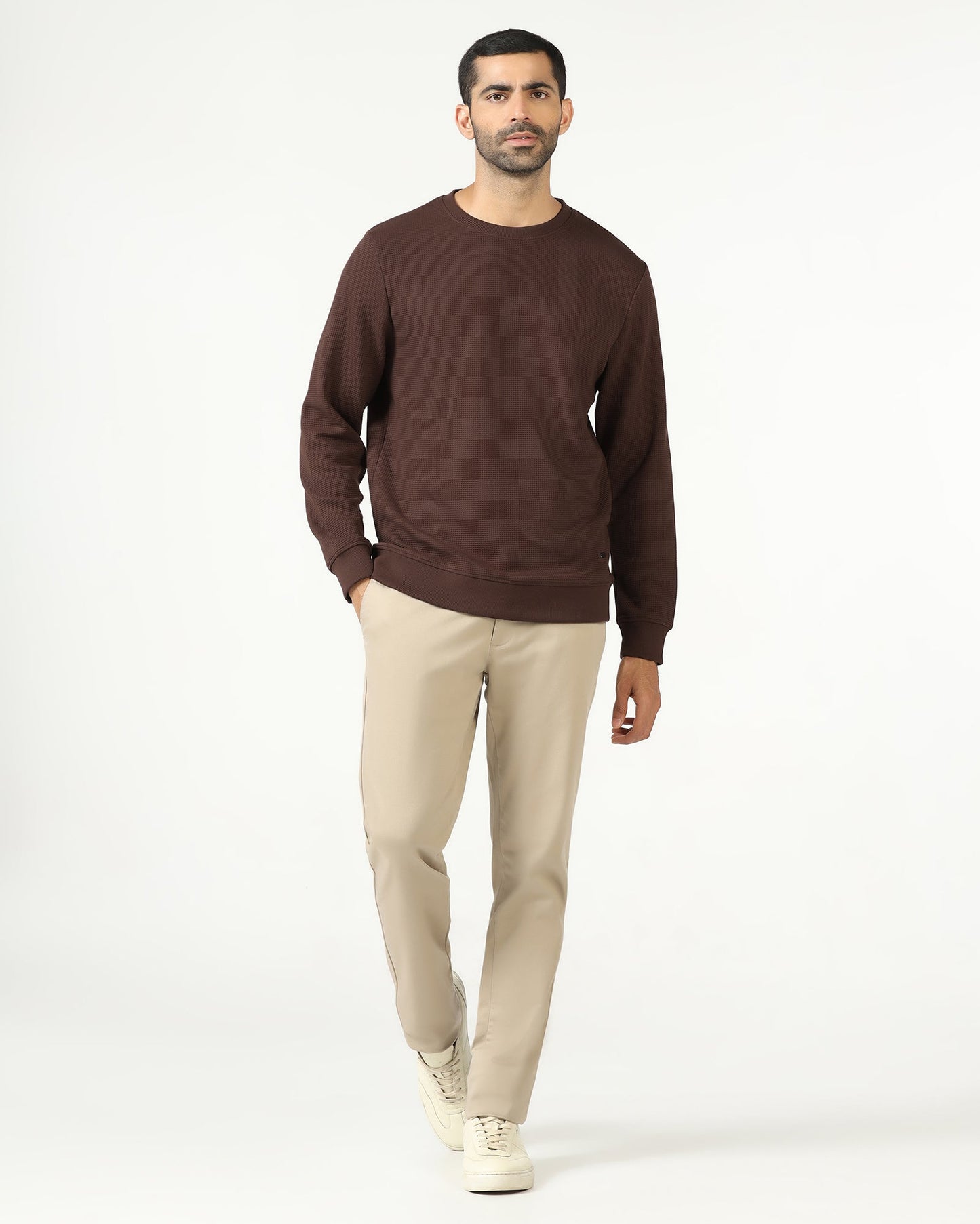 Dark Brown Crew Neck Textured Sweatshirt - Pan