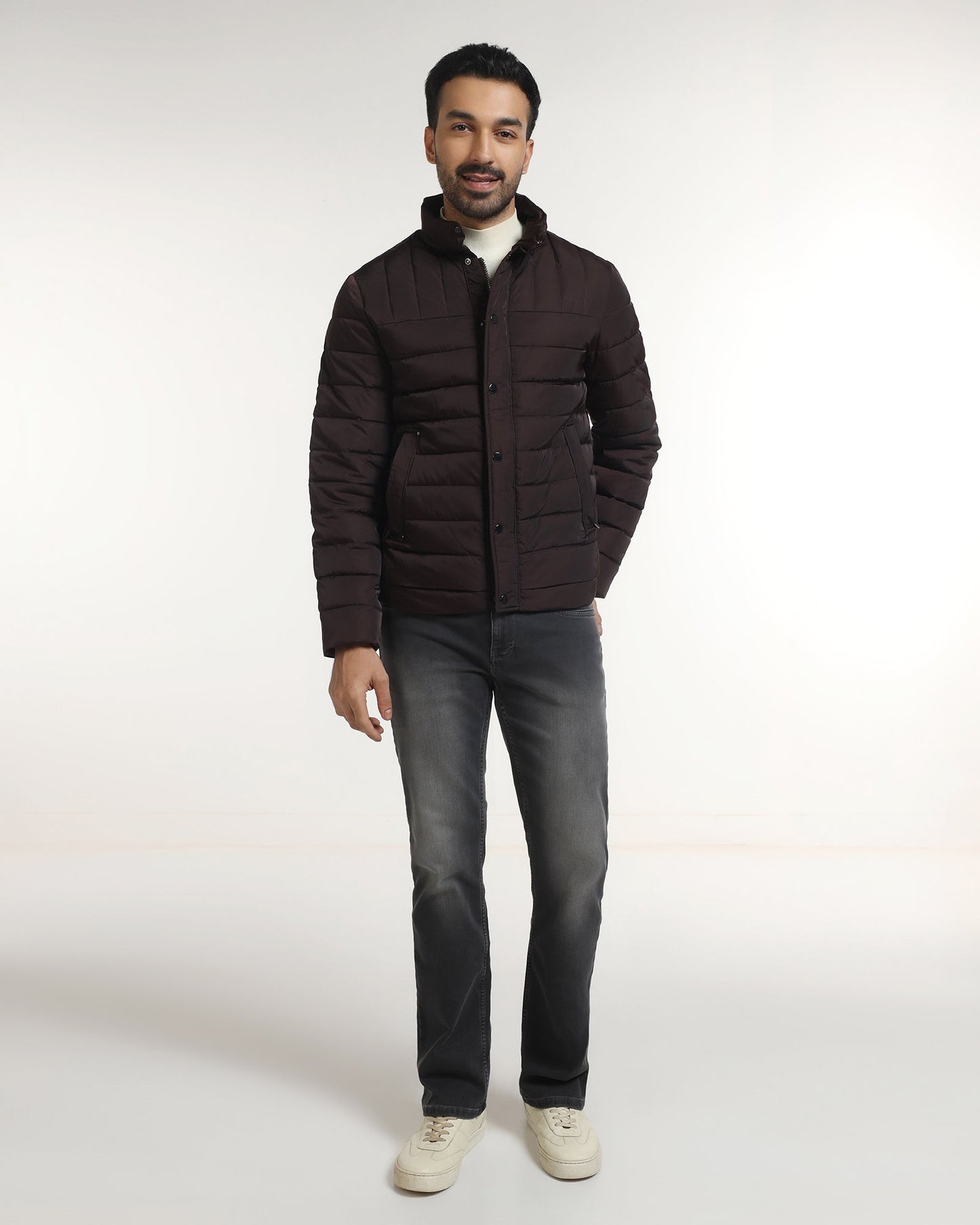 Dark Brown Solid Zipper Jacket - Aproni