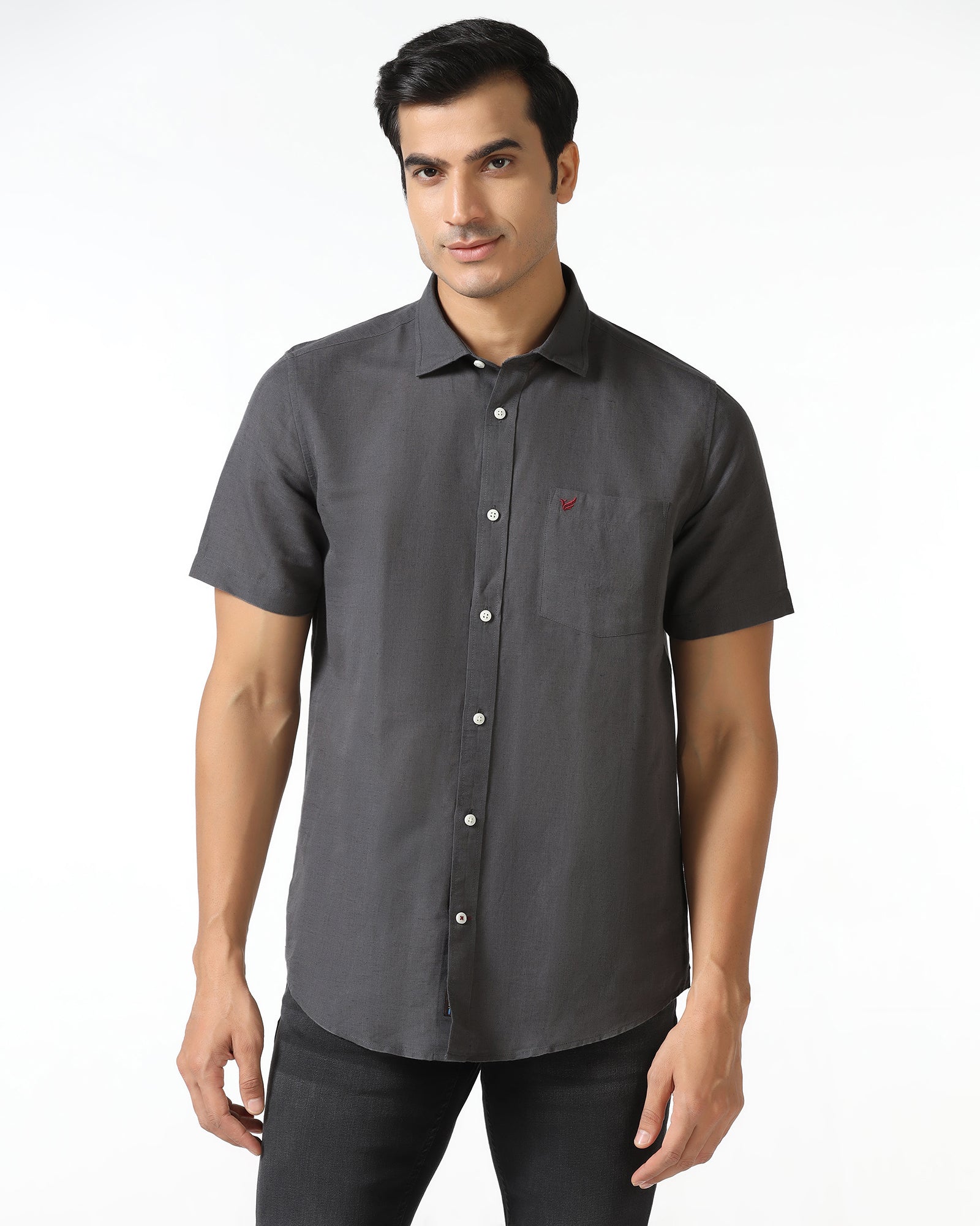 Dark Grey Half Sleeve Linen Solid Shirt - Salmon