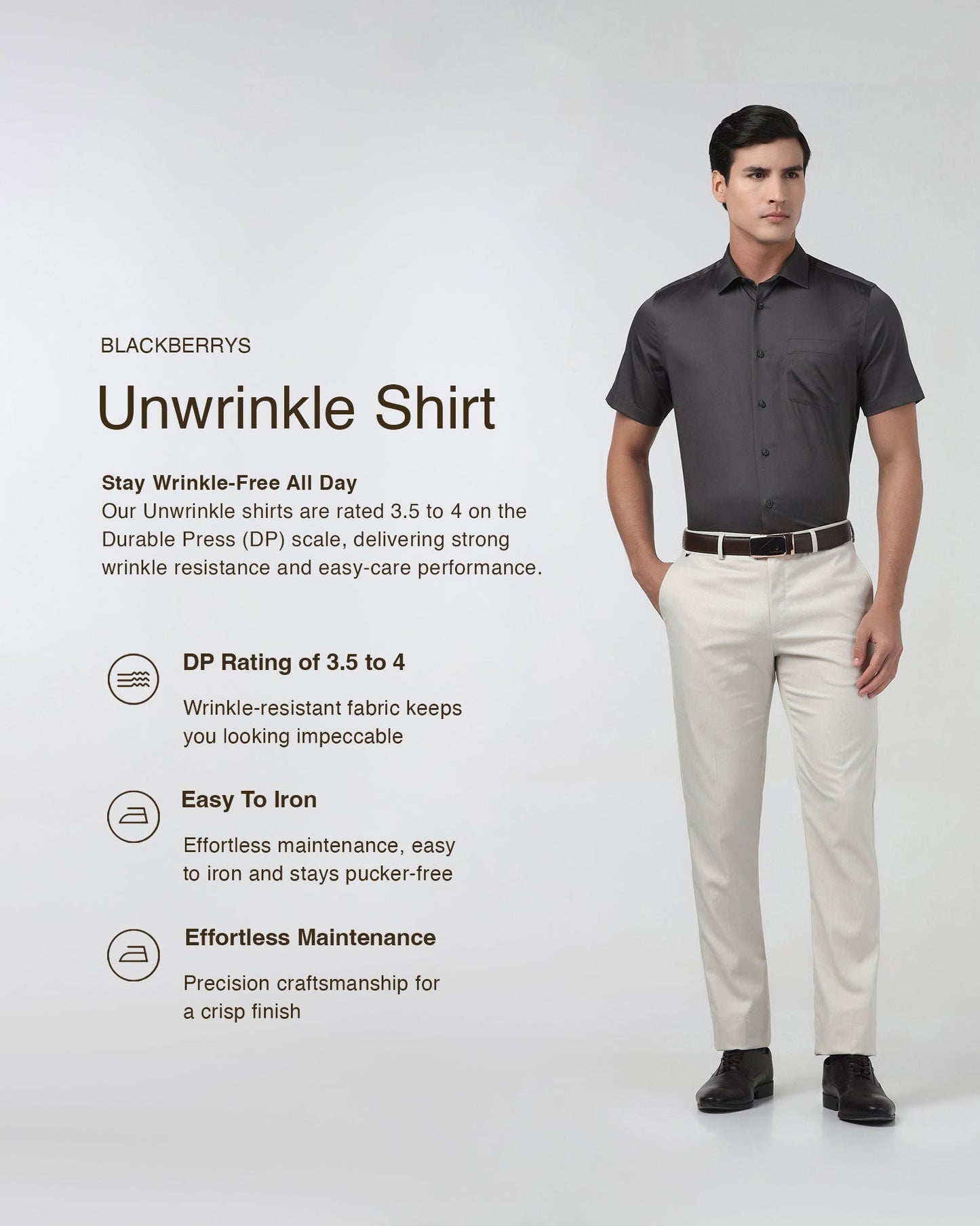 Dark Grey Half Sleeve Unwrinkle Solid Shirt - Sylvia