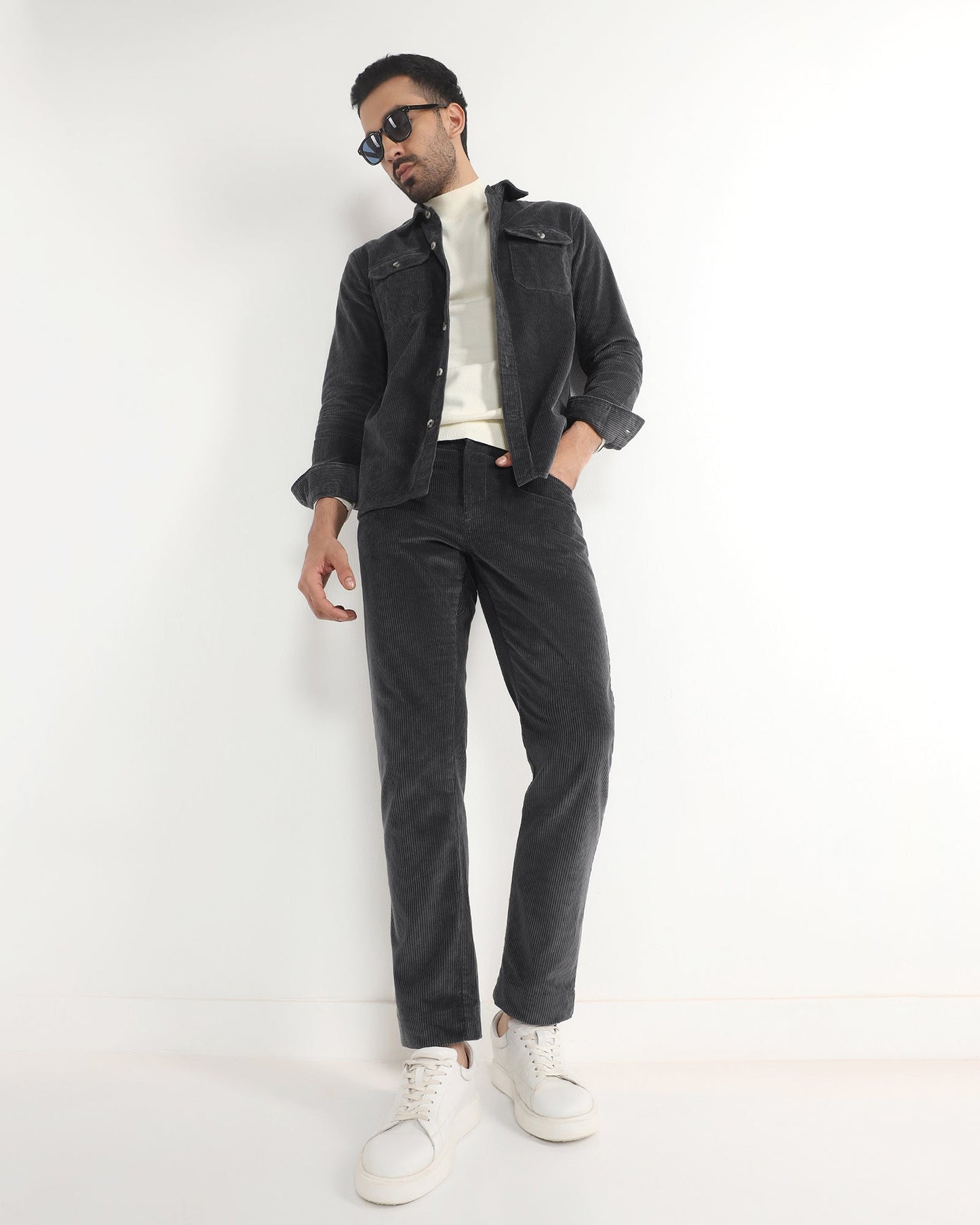 Dark Grey Corduroy Solid Shirt - Kaka