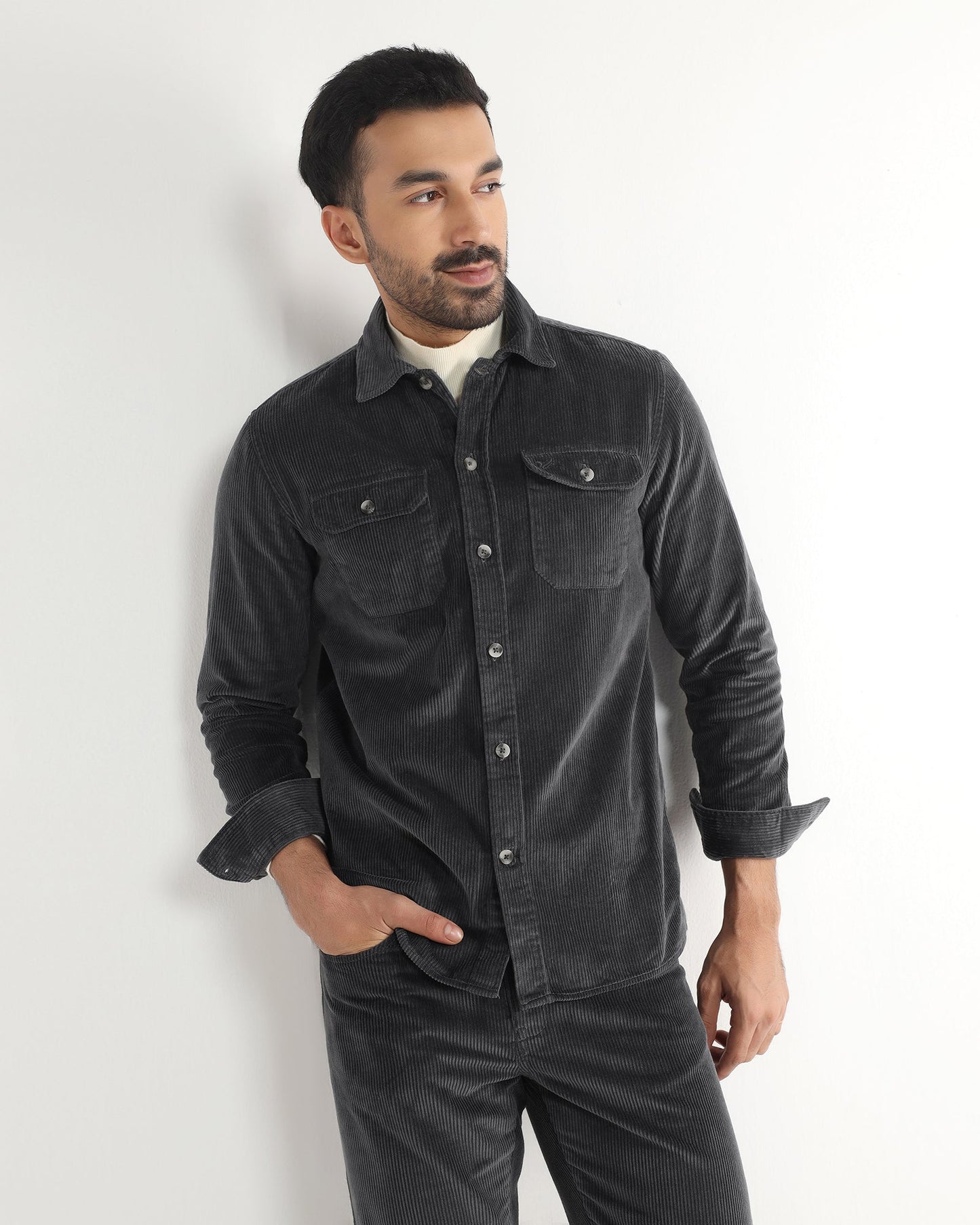 Dark Grey Corduroy Solid Shirt - Kaka