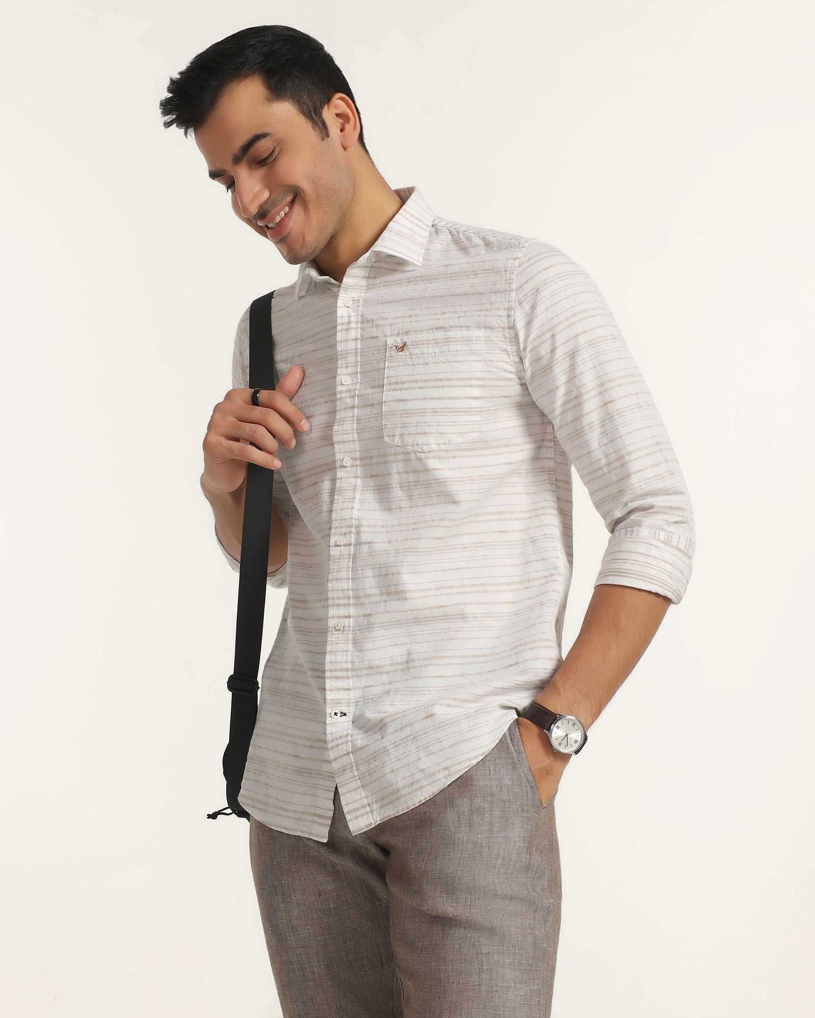 Linen Casual Beige Jacquard Shirt - Daigo