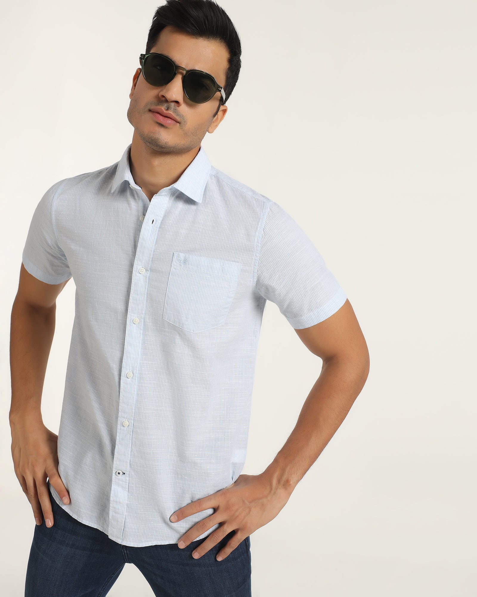 Casual Half Sleeve Blue Stripe Shirt - Marven
