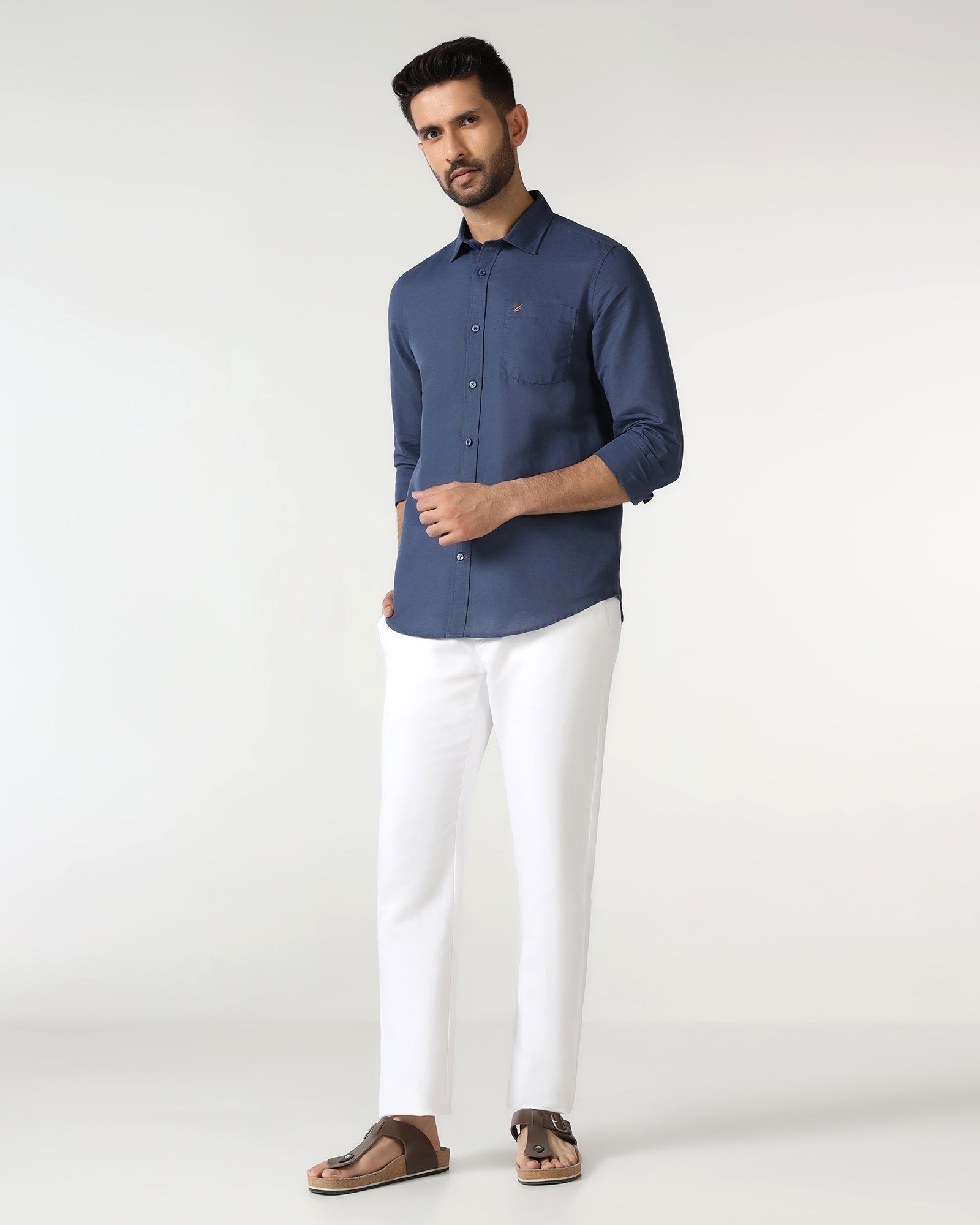 Blue Linen Solid Shirt - Salmon
