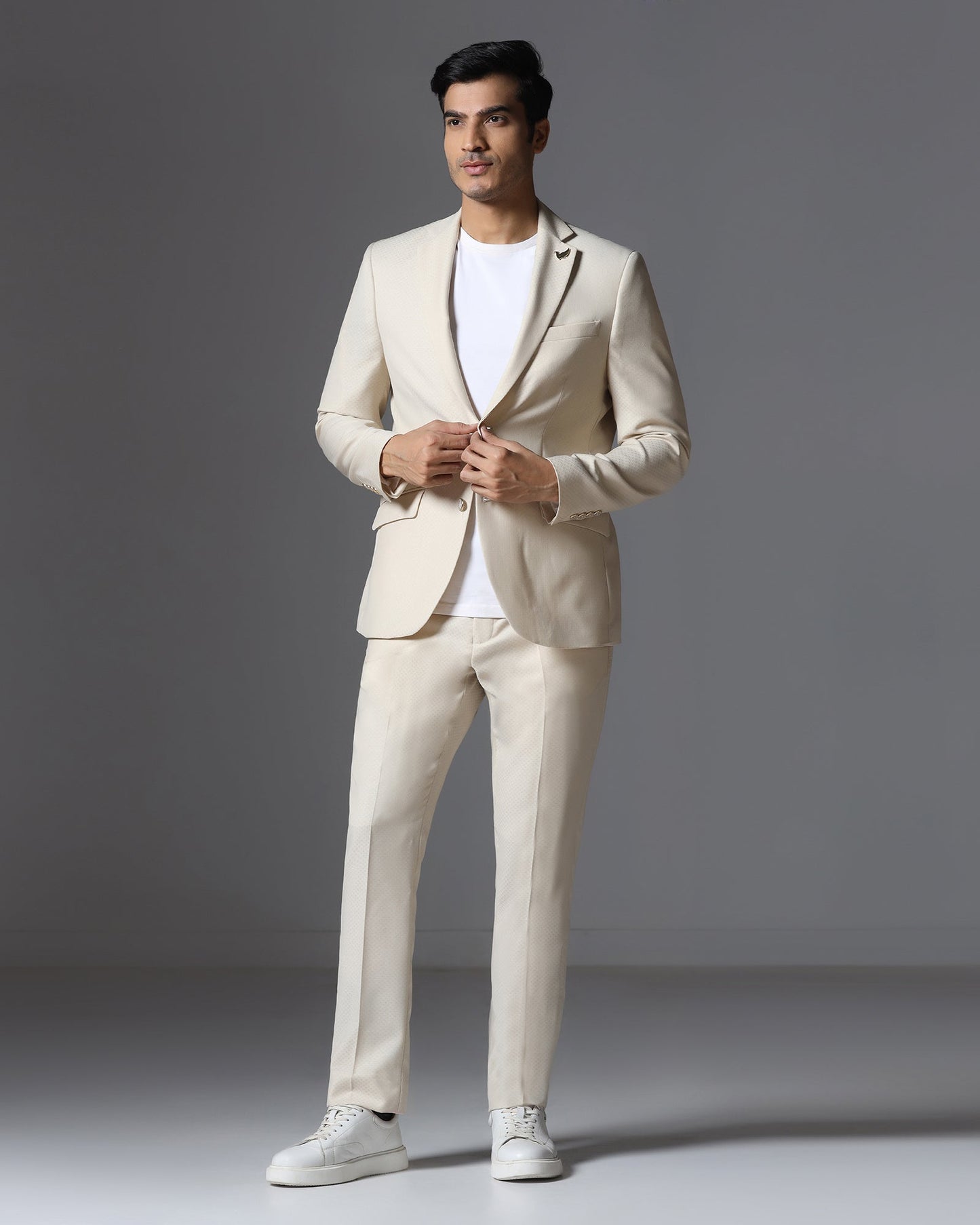 Ecru Three Piece Jacqaurd Suit - Moraco